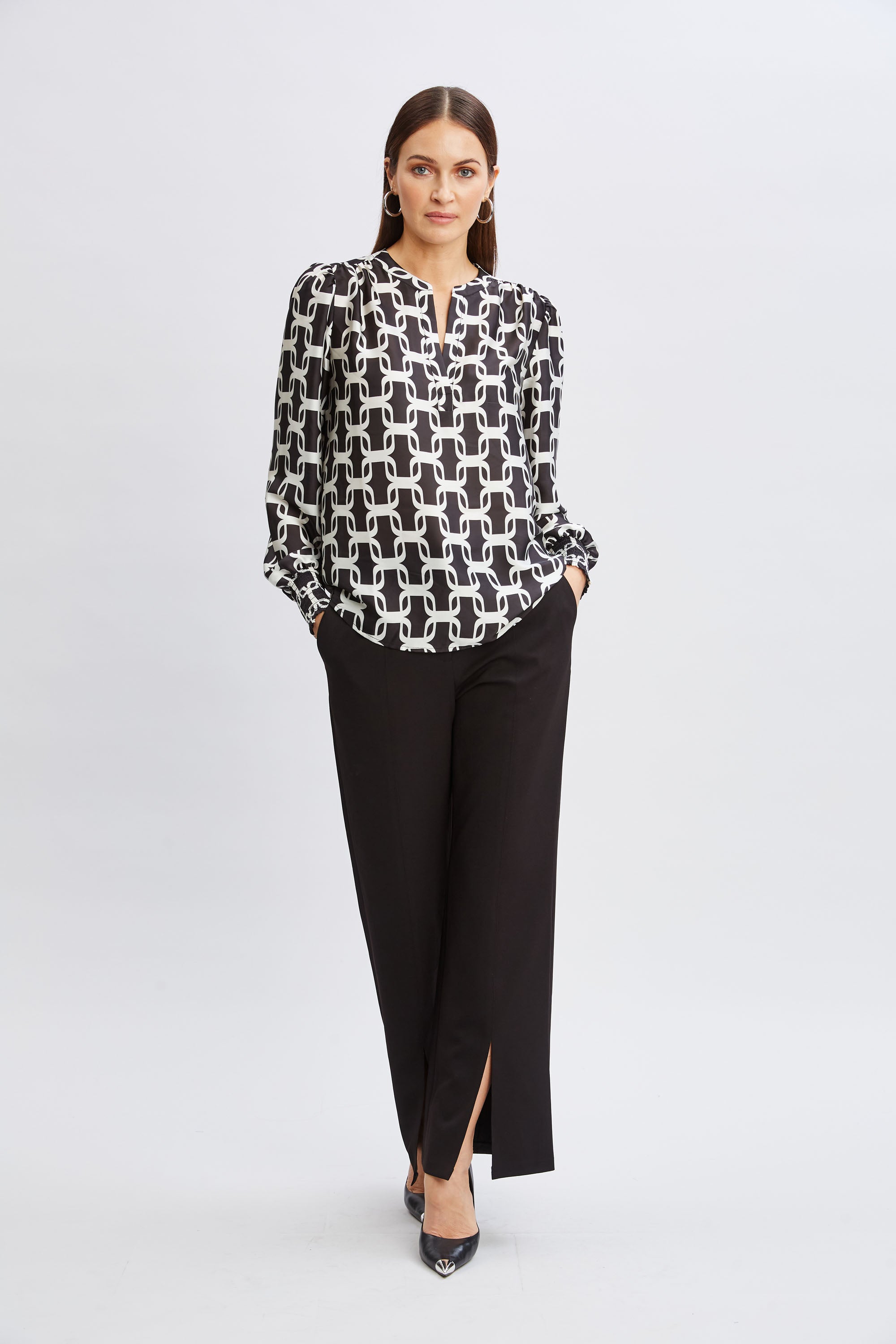 Tahari Geometric Chain Print Blouse for Women - Elegant Long Sleeve Button Down Shirt for Office, Party & Formal Occasions