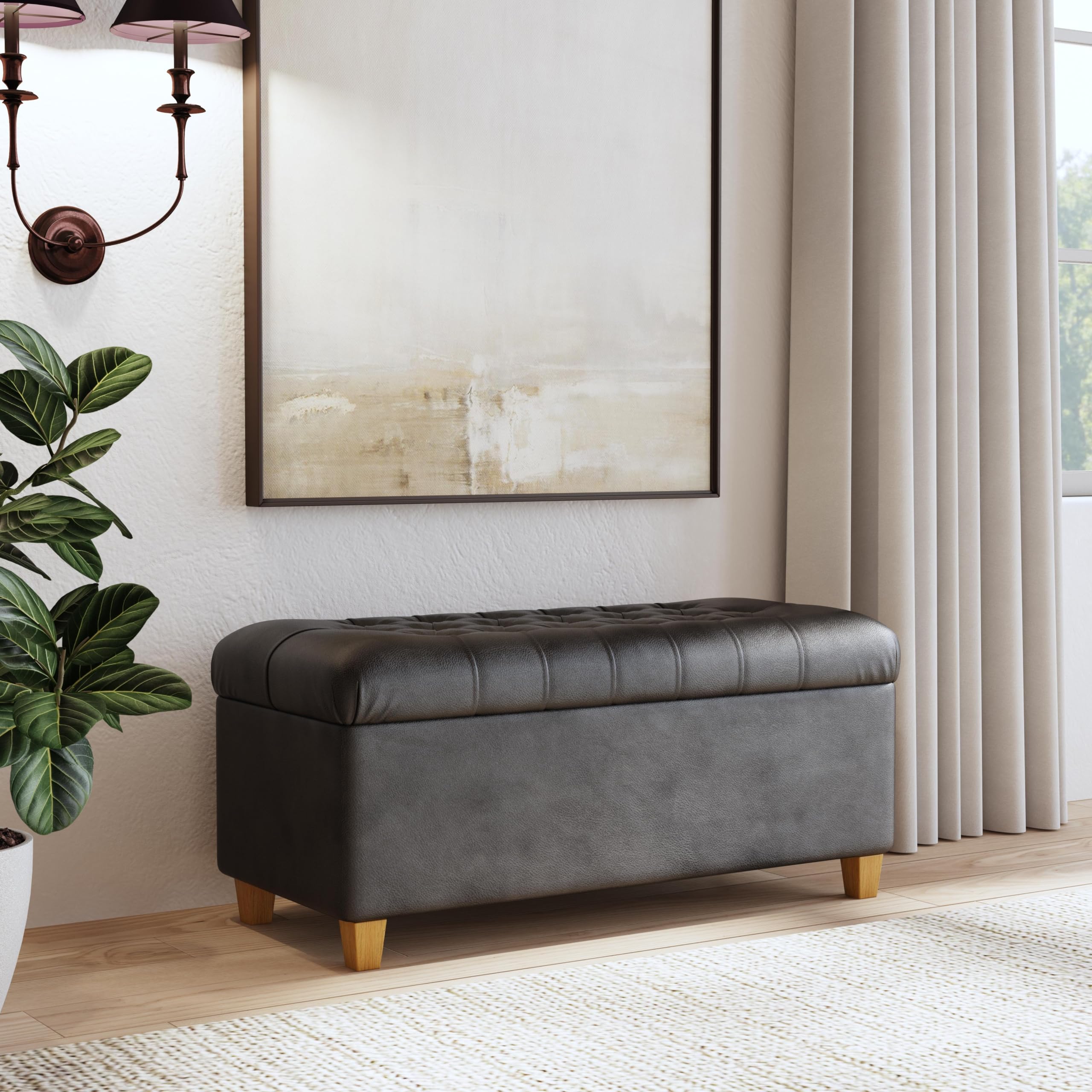HomePop Button Tufted Storage Ottoman Bench - Faux Leather Upholstered Storage Seat for Living Room & Bedroom - Perfect for Entryway, Hallway or Footrest - Black