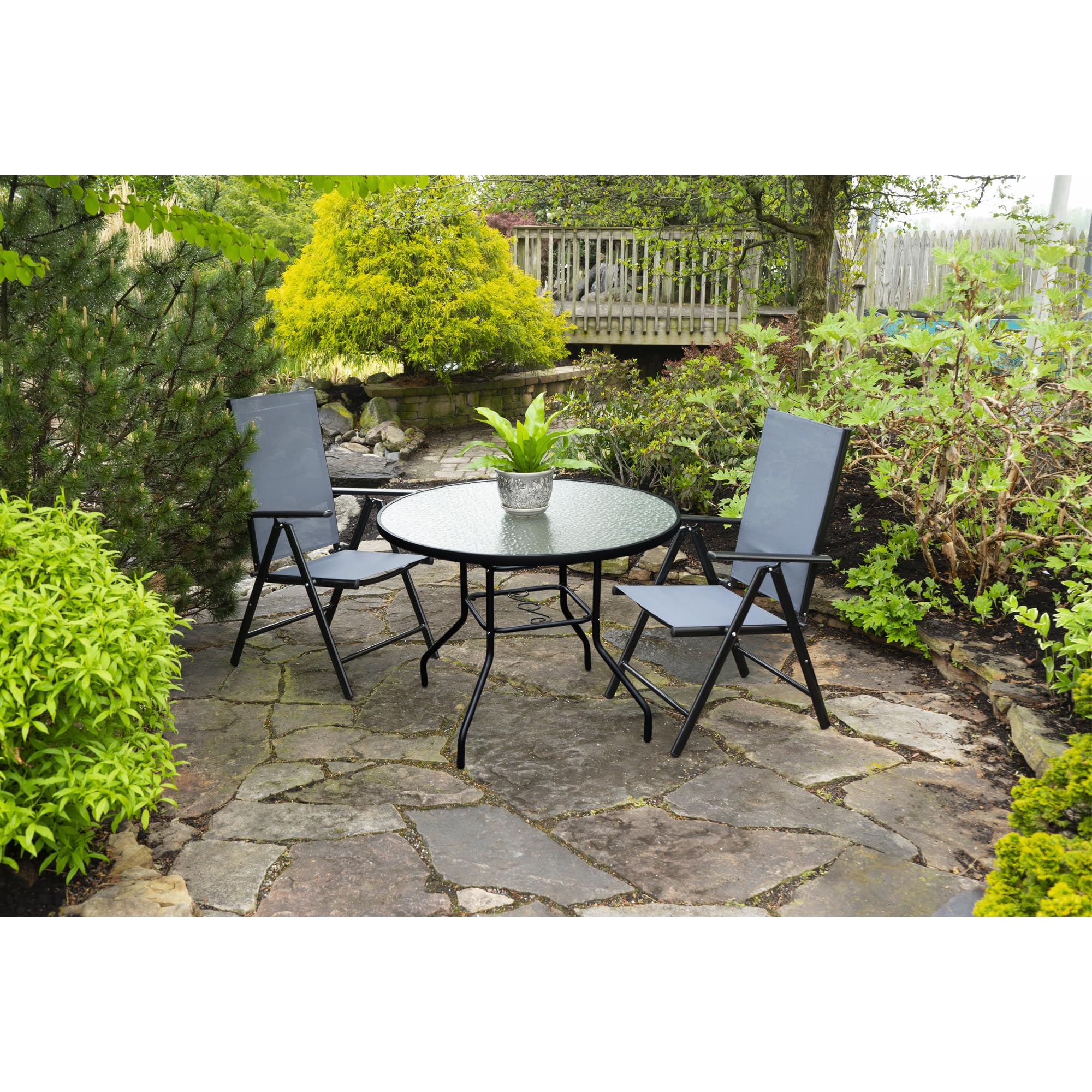 Outdoor Steel Dining Table with Round Waterwave Glass Top - 40 Inch Black Patio Furniture for Garden, Backyard, and Poolside Dining