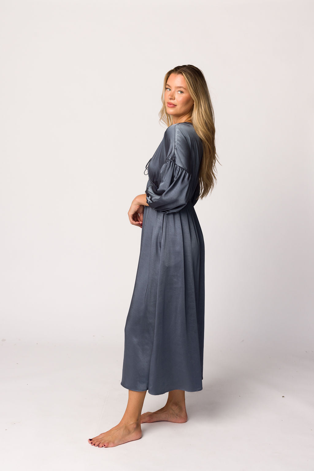 Hunter Premium Satin Midi Dress in Blue Granite - Bump Friendly Maternity Dress for Special Occasions & Evening Events