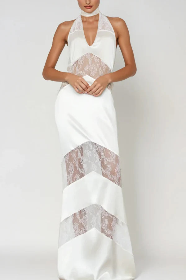 Clora Women's Satin Halter Lace Maxi Dress - Elegant White Summer Beach Wedding Party Gown for Vacation & Special Occasions