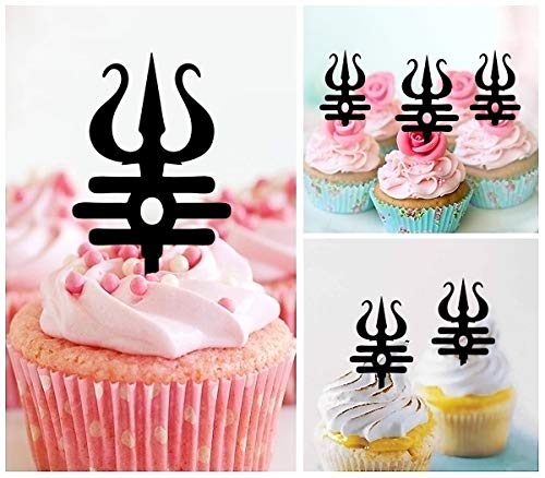 TA1083 Trishula Shiva Trident Silhouette Acrylic Cupcake Toppers - 10pcs for Wedding, Birthday Party Decorations - Perfect for Hindu Festivals, Indian Themed Events & Cake Decorating