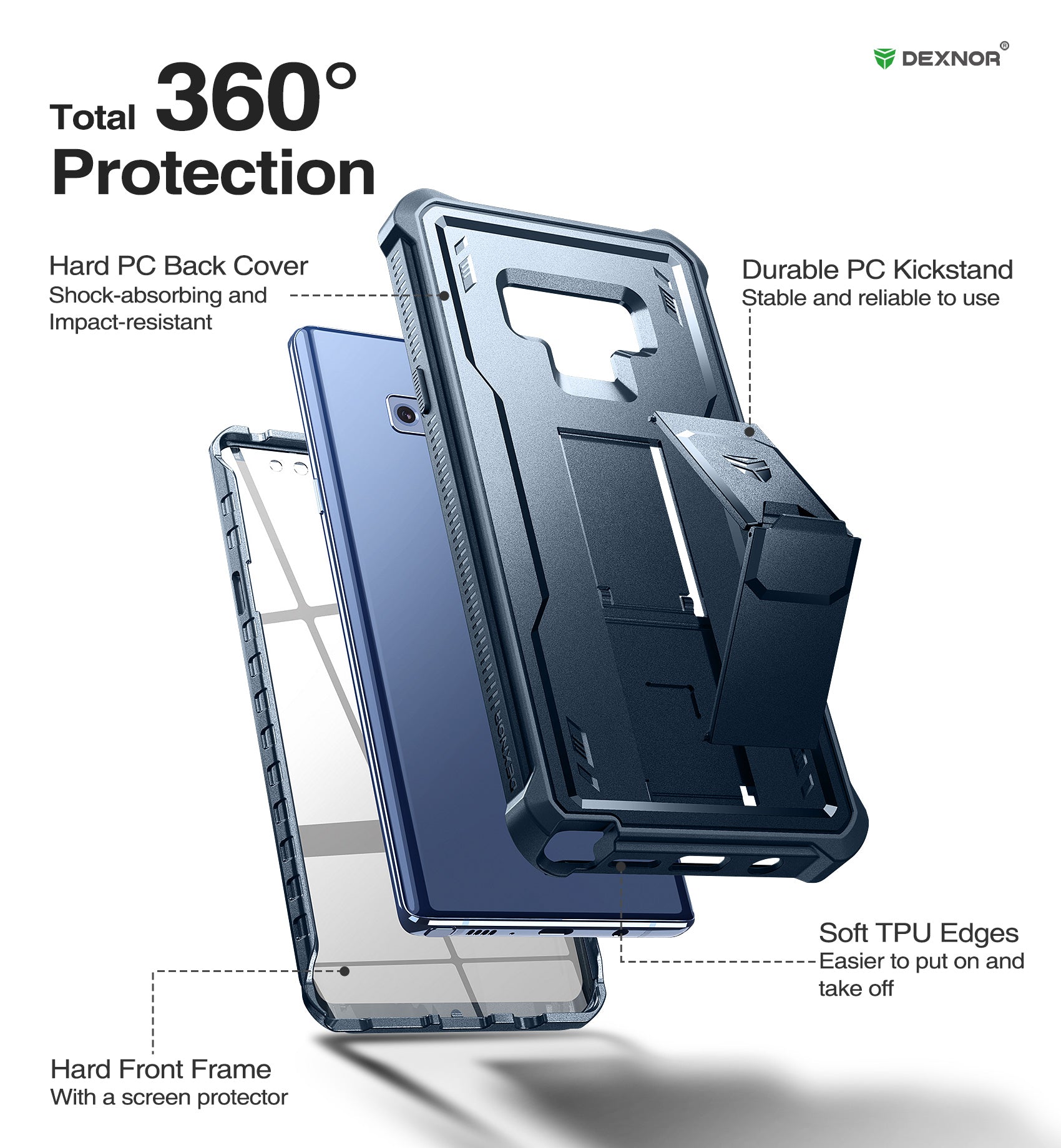 Durable Shockproof Rugged Case for Samsung Galaxy Note 9 with Built-in Kickstand & Screen Protector - Full Body Protection for Outdoor, Work & Daily Use