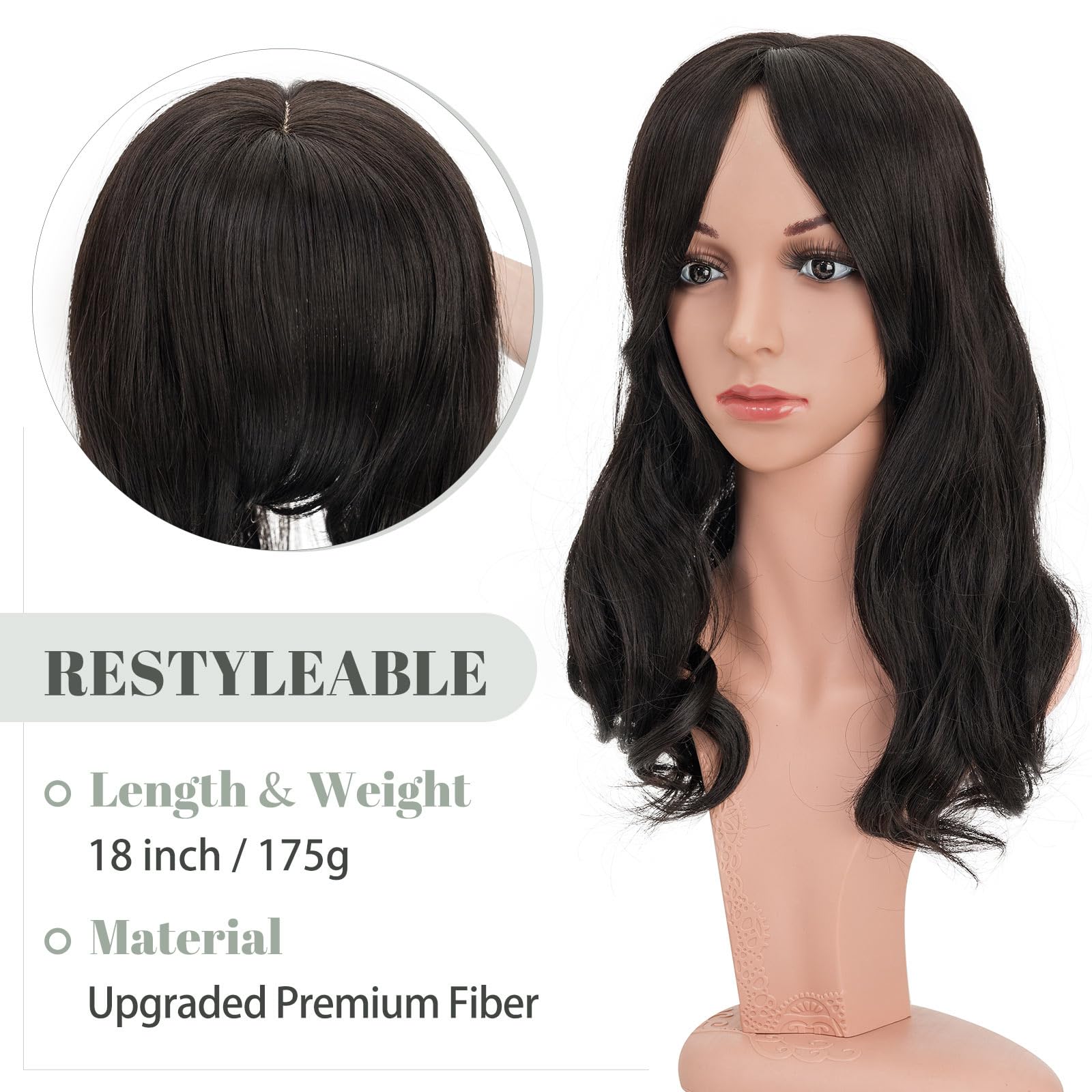 18 Inch Synthetic Hair Topper with Bangs - Natural Looking Hairpiece for Thinning Hair - Perfect for Daily Wear, Cosplay & Special Occasions