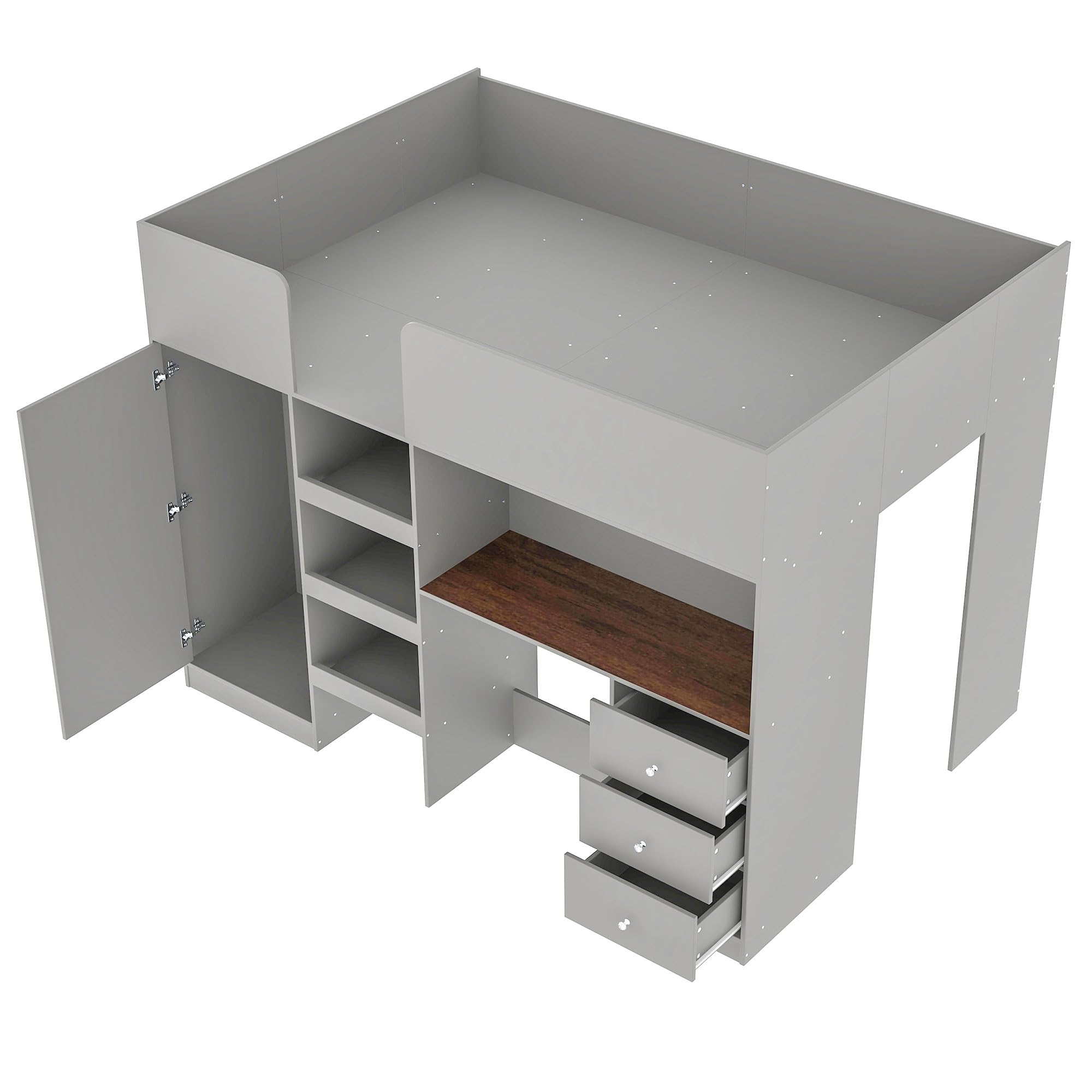 Full Size Loft Bed with Built-in Wardrobe & Desk - Sturdy Wooden Bed Frame with Storage Shelves & Drawers - Space Saving Kids Bedroom Furniture for Boys, Girls & Teens - Easy Assembly - Grey - Perfect for Small Rooms, Dormitories & Shared Spaces