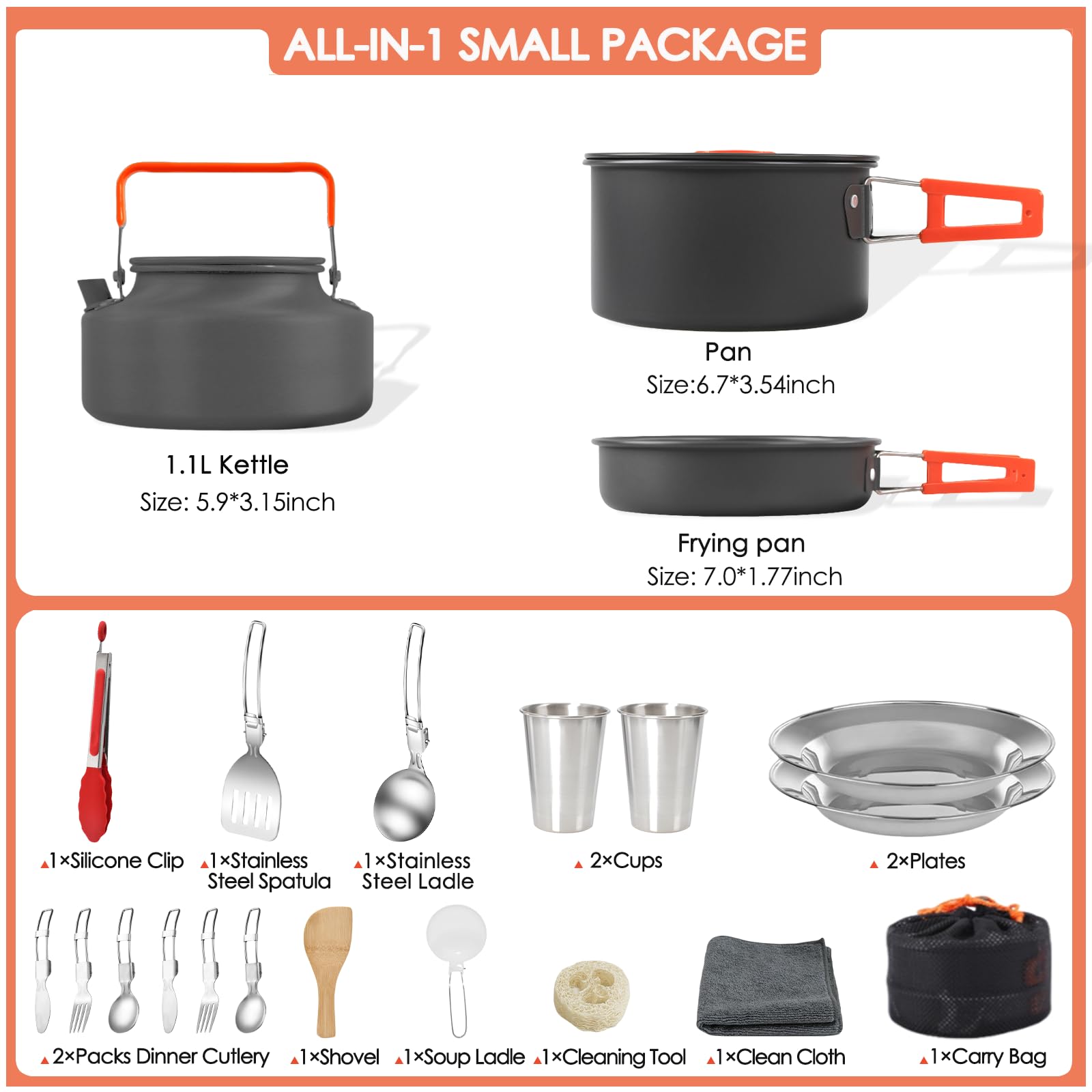 20Pcs Lightweight Non-Stick Camping Cookware Set with 1.1L Kettle & Stainless Steel Utensils - Compact Mess Kit for Backpacking, Hiking, Picnics & Outdoor Adventures | Perfect for Campers, Survivalists & Travel Enthusiasts