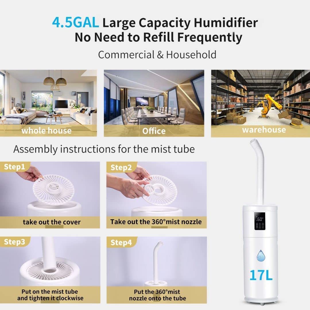 17L/4.5Gal Large Room Humidifier for Home & Office - 2000 sq.ft Coverage with 360° Nozzle & Extension Tube - 4 Speed Mist Settings for Bedroom, Greenhouse & Commercial Spaces - Top Fill Whole House Humidifier for Plants & Dry Air Relief