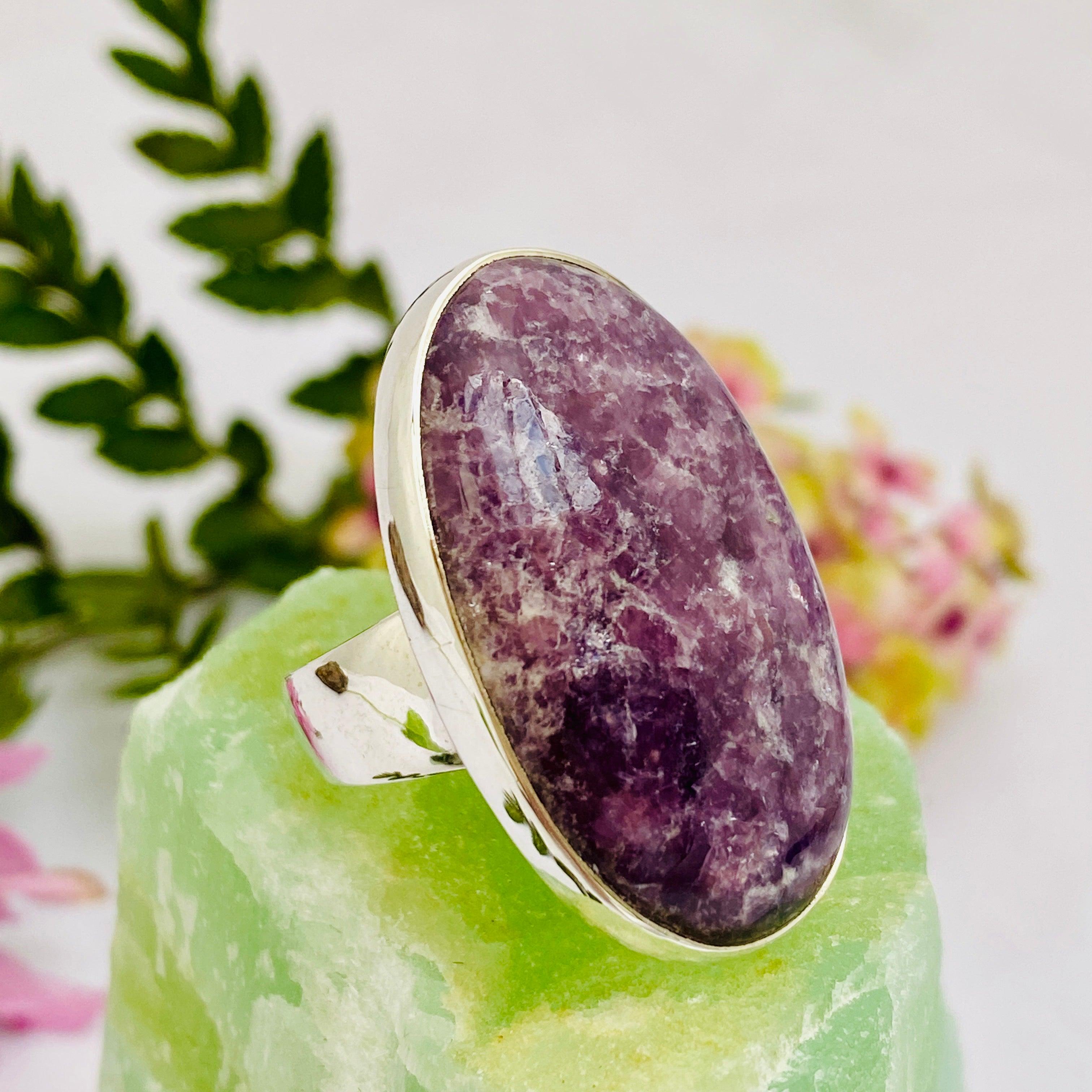 Natural Lepidolite Oval Ring - Size 10 - KRGJ2058 - Healing Crystal Jewelry for Stress Relief & Emotional Balance - Perfect for Meditation, Yoga & Spiritual Practices
