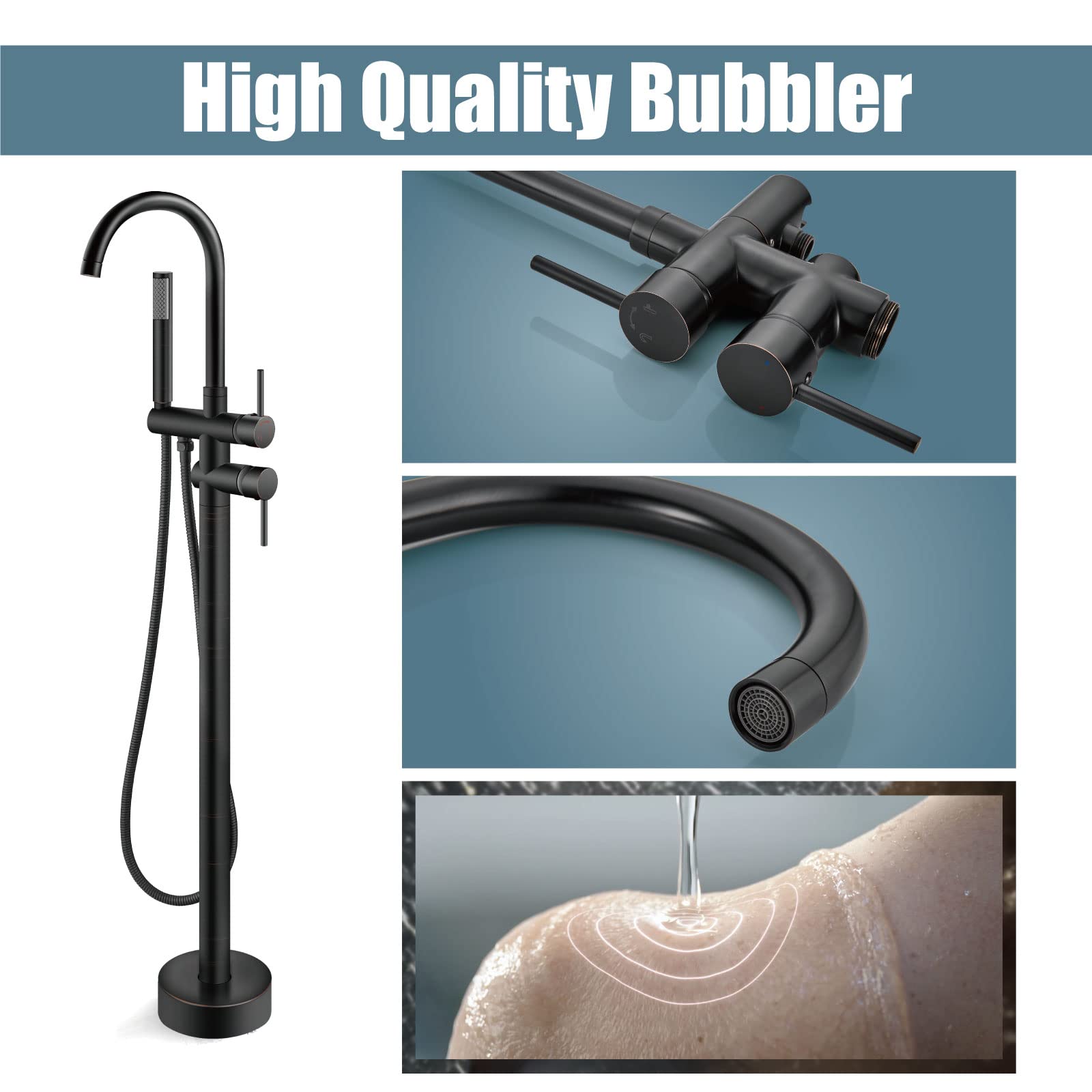 Aolemi Freestanding Bathtub Faucet - Oil Rubbed Bronze Floor Mount Tub Filler with High Flow Swivel Gooseneck Spout & Handheld Shower Mixer | Perfect for Modern Bathroom, Spa, and Luxury Home Decor