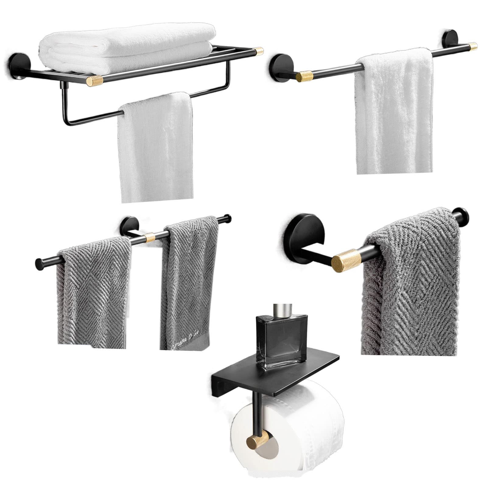 5-Piece Black Gold Bathroom Towel Rack Set - Wall Mounted Brass Towel Bar, Toilet Paper Holder & Towel Ring Kit | Bathroom Hardware Accessories for Modern Home Decor