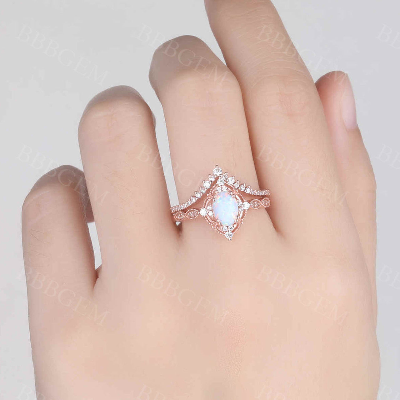 Vintage Art Deco Opal Bridal Ring Set - Oval Opal Engagement Ring with Rose Gold & Diamonds - Wedding & Anniversary Gift for Her - Perfect for Proposals, Bridal Jewelry & Special Occasions