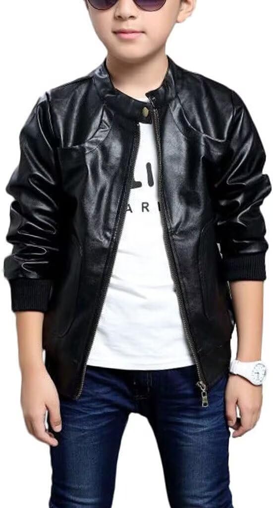 Elife Boys' Trendy Stand Collar PU Leather Motorcycle Jacket for Spring - Black | Stylish Biker Jacket for Kids Outdoor Riding & Casual Wear