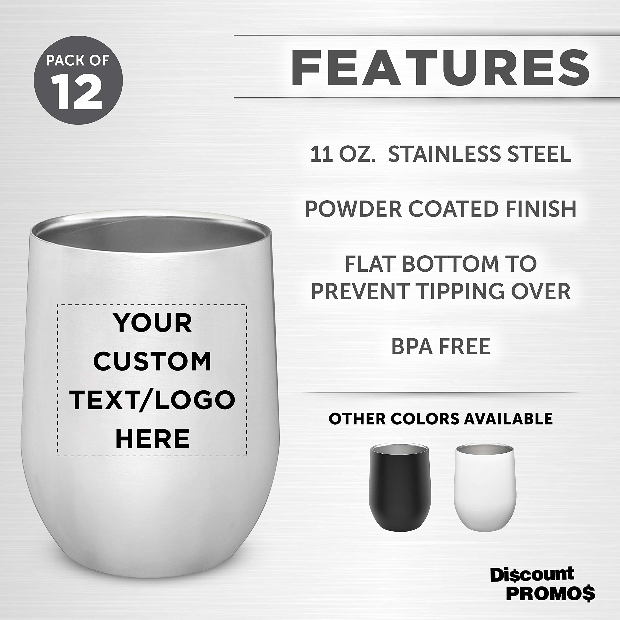 Personalized Stainless Steel Stemless Wine Glasses Set of 12 (11 oz) - Custom Engraved Bulk Pack for Wine, Cocktails, Beer & Beverages - Dishwasher Safe Silver Cups - Perfect for Parties, Weddings, Gifts & Home Bar Use