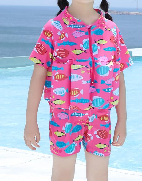 **Baby Boys & Girls Flotation Swimsuits - One Piece Short Sleeve Swim Vest with Zip & Buoyancy Aid + Cap for Safe Pool & Beach Play**