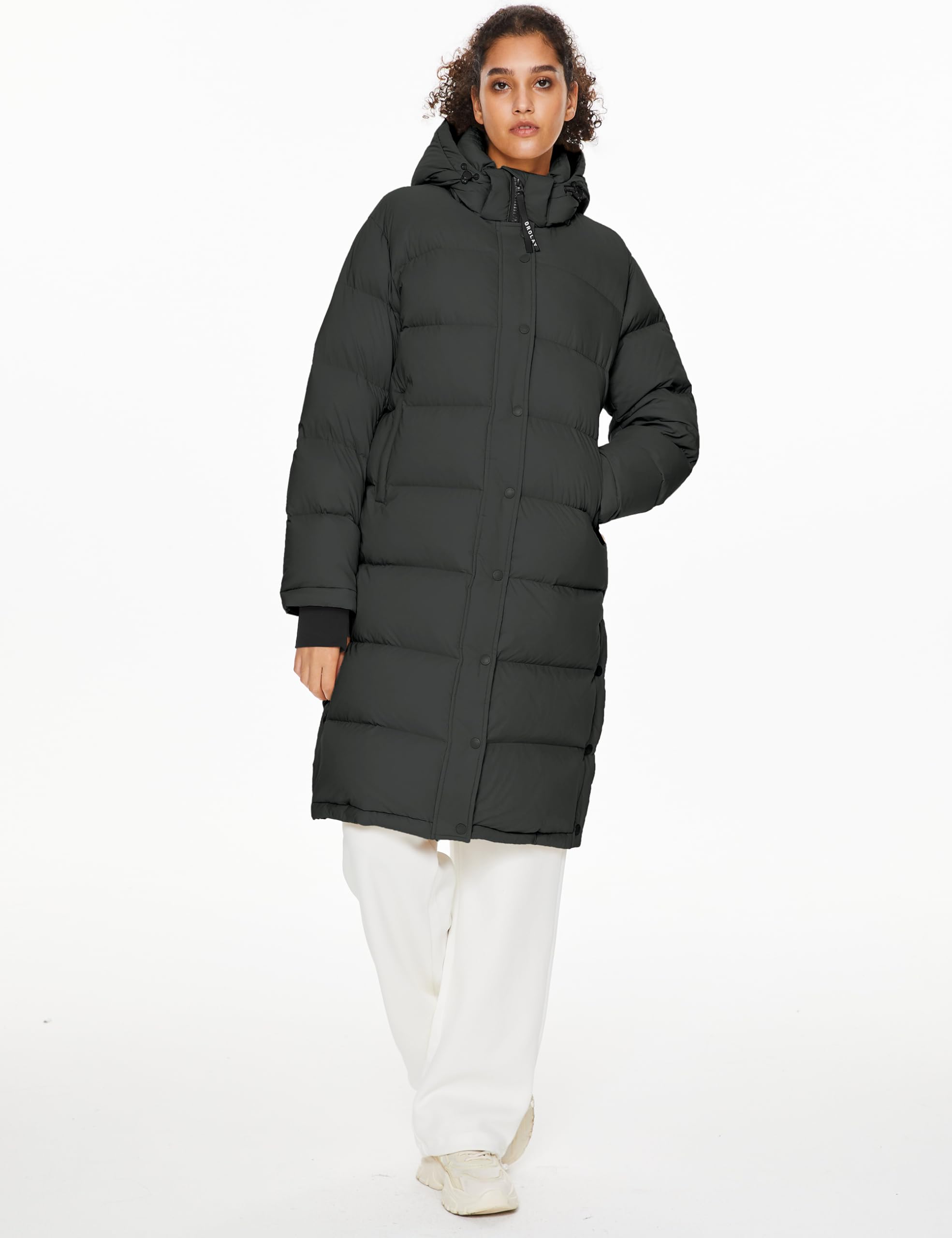 Orolay Women's Long Down Jacket with Detachable Hood - Winter Warm Puffer Coat with Hem Slit for Outdoor Activities, Travel & Cold Weather Protection