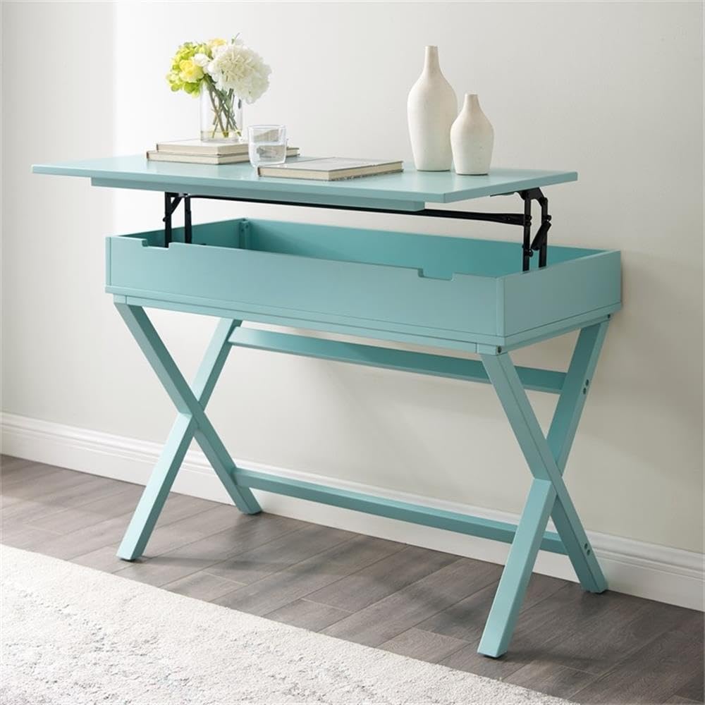 UrbanPro Transitional Lift Top Stand Up Wood Desk in Turquoise Blue - Adjustable Height Computer Desk for Home Office, Gaming & Study - Ergonomic Workspace Solution with Storage Shelf
