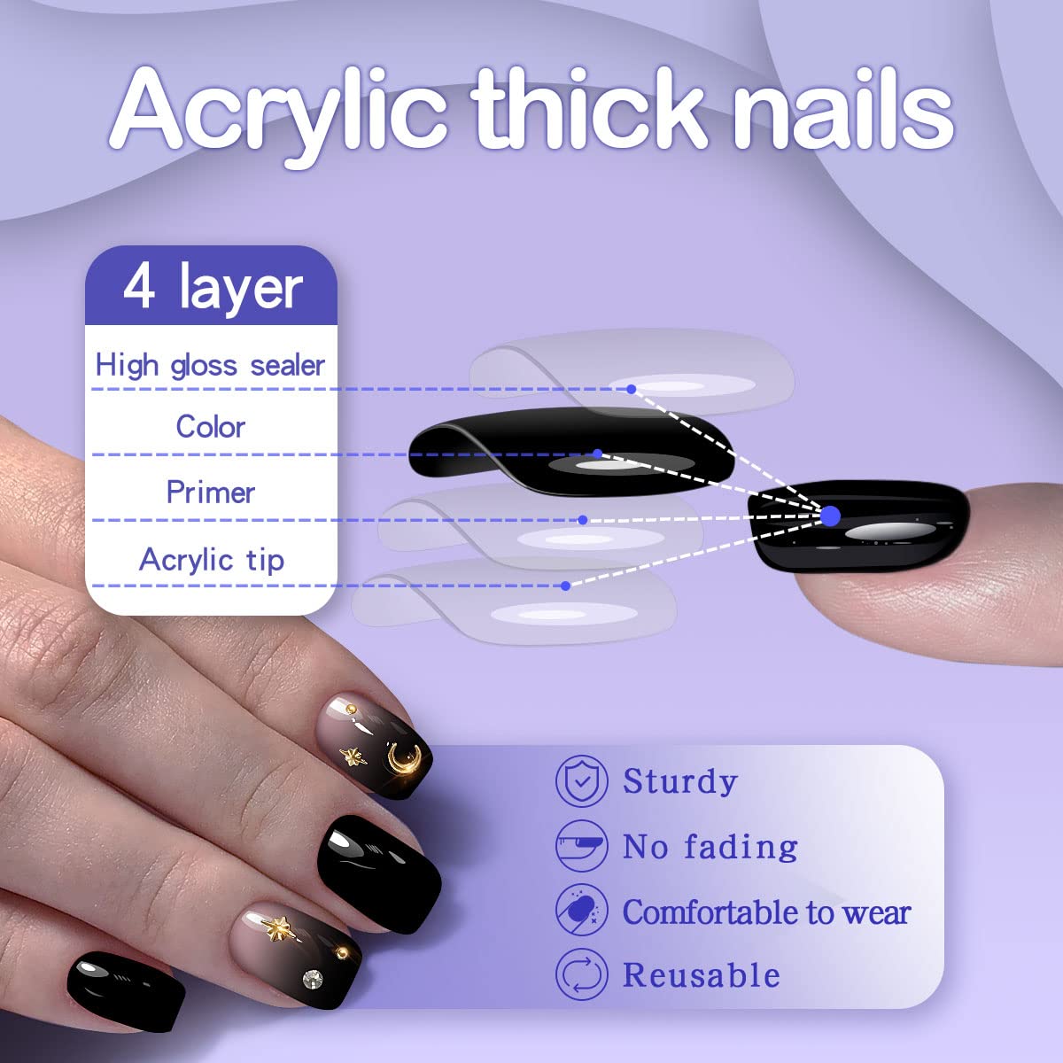 Yivaiks Black Press on Nails Short - Gothic Fake Nails with Glue, Gradient Star & Moon Design, Square False Nails for Women & Girls (24pcs) - Perfect for Halloween, Cosplay, Parties & Everyday Gothic Style