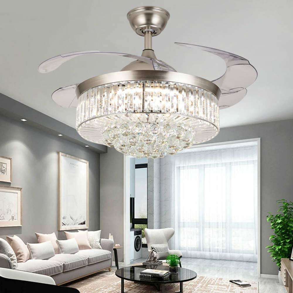 42 Inch Reversible Ceiling Fan with LED Light and Remote Control - 4 Retractable Blades, Crystal Chandelier Style for Living Room, Bedroom & Indoor Use - Energy Efficient Silent DC Motor (Silver) - Perfect for Home Cooling and Decorative Lighting