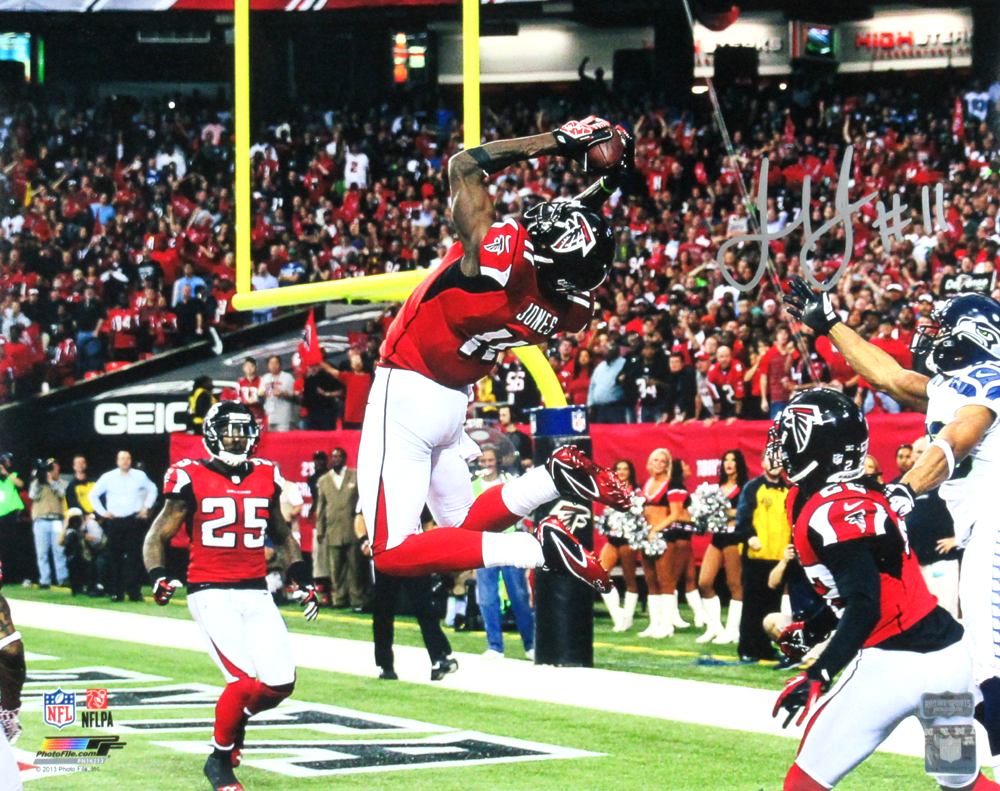 Julio Jones Autographed Atlanta Falcons 16x20 NFL Photo - Endzone Leap Celebration - Perfect for Sports Memorabilia Collections & Falcons Fan Gifts