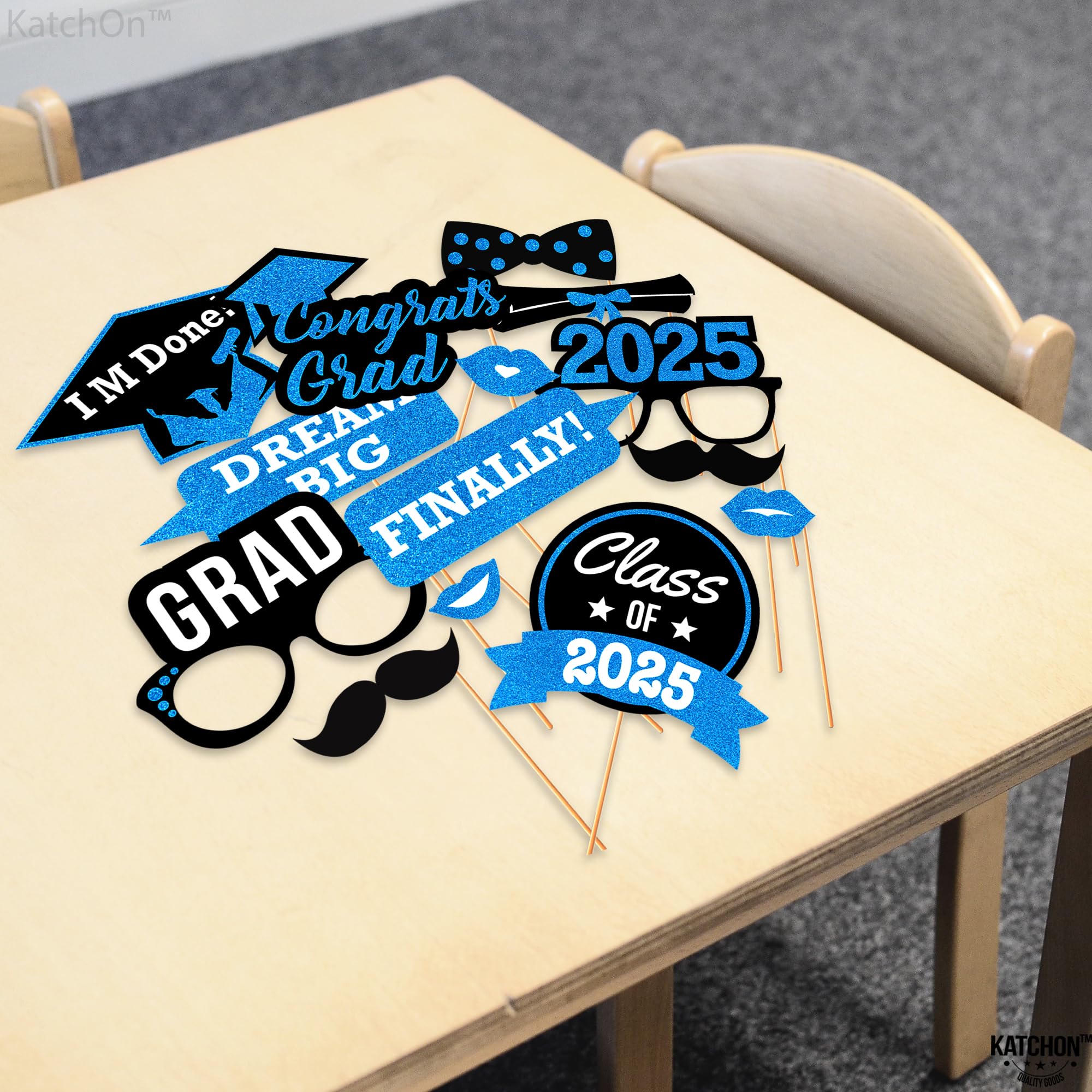 KatchOn 2025 Graduation Photo Booth Props - 21-Piece Glitter Decor Set for Class of 2025 | Blue Graduation Party Supplies, Photo Shoot Accessories & Celebration Favors | Perfect for Graduation Ceremonies, Parties and Memory Keepsakes
