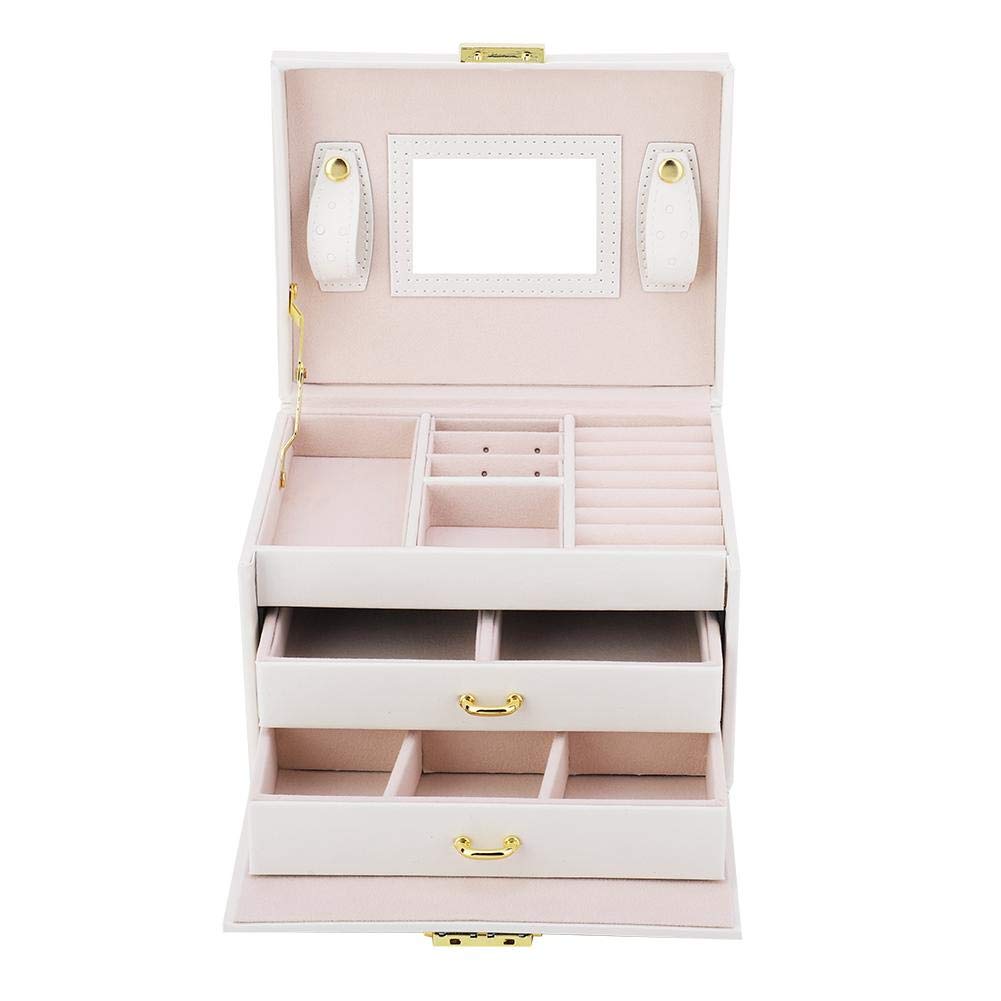 Estink 3-Tier PU Leather Jewelry Organizer Box with Mirror - Elegant White Jewelry Storage Case for Necklaces, Rings & Earrings - Perfect for Bedroom Vanity, Travel & Gift Giving