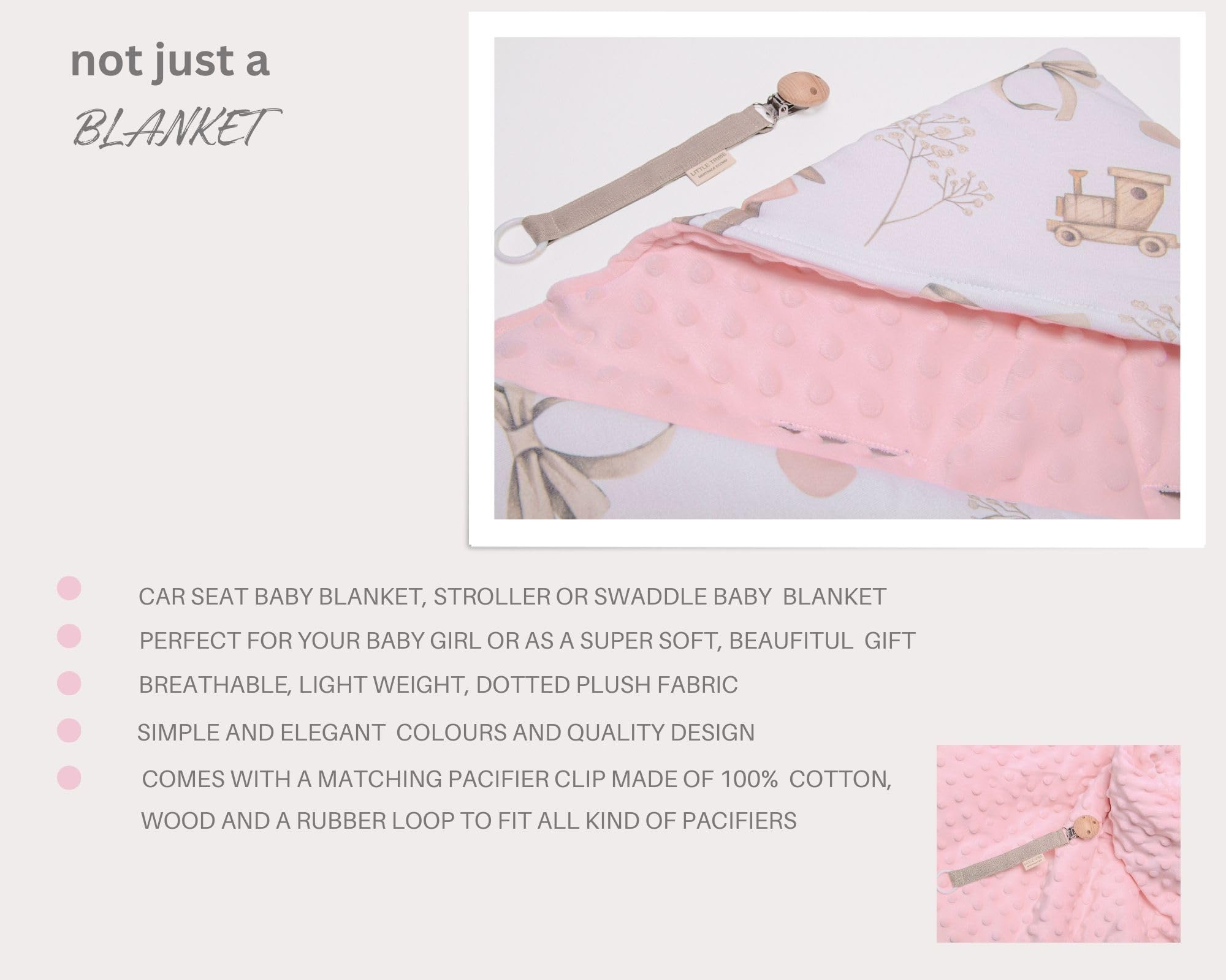 Soft Cotton Pacifier Clip & Minky Dot Swaddle Blanket for Baby Car Seat - Breathable & Cozy Infant Blanket Cover (Blush Pink) | Perfect for Stroller, Crib & Travel Use