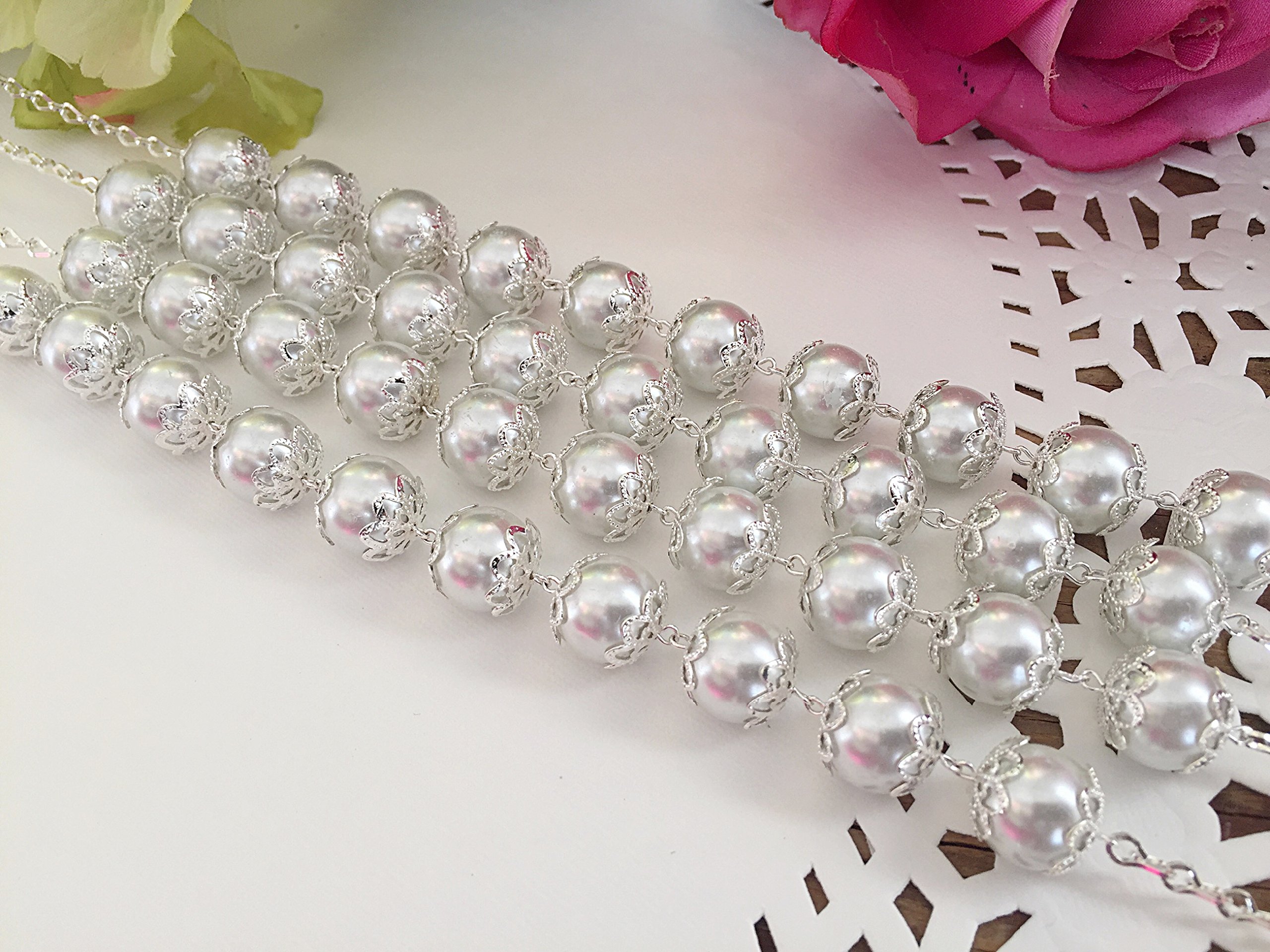 Elegant White Pearls Silver Plated Crystal Wedding Lasso - Crystal Wedding Rosary & Lazo De Boda - Perfect for Catholic Wedding Ceremonies, Quinceañeras & Vow Renewals