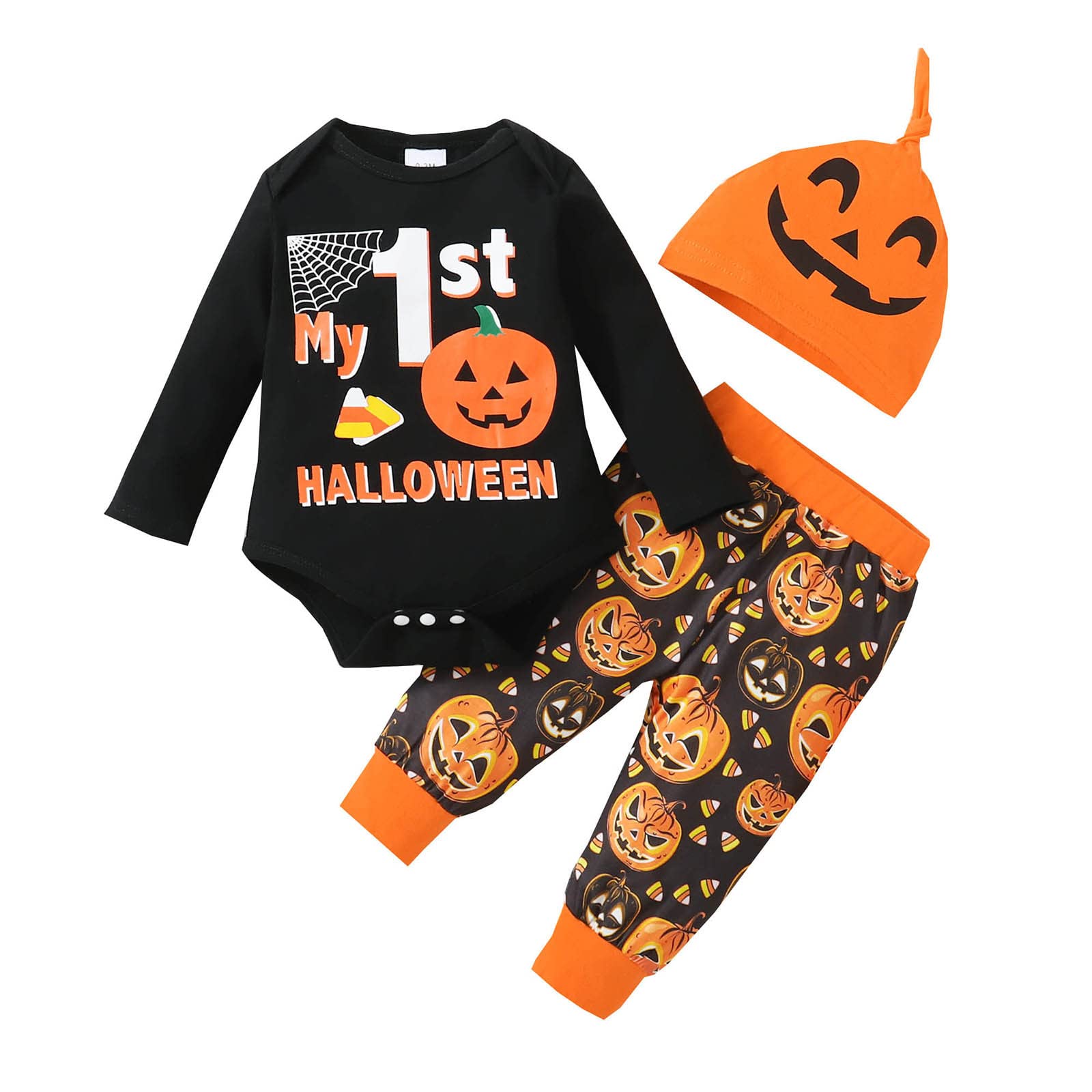 Eoailr Baby Halloween Costume Set - Long Sleeve Romper, Pants & Hat for Newborn Boys & Girls | Cute Letter Print Outfit for Halloween Parties, Photo Shoots & Trick-or-Treating