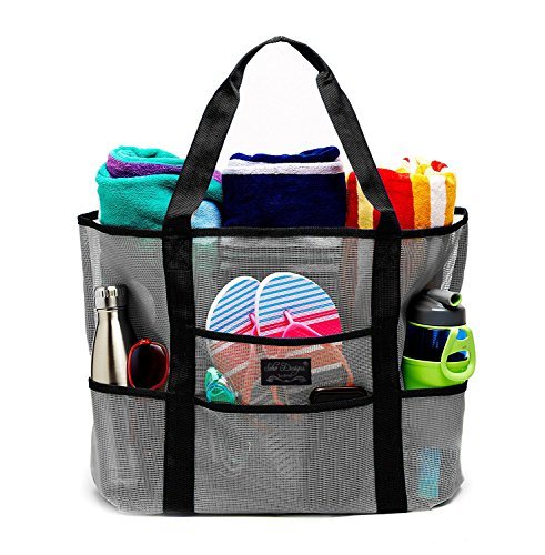 SoHo Mesh Beach Bag - Large Lightweight Tote for Shopping, Grocery & Picnic with Oversized Pockets (Black/White) - Perfect for Beach Days, Market Trips & Outdoor Adventures