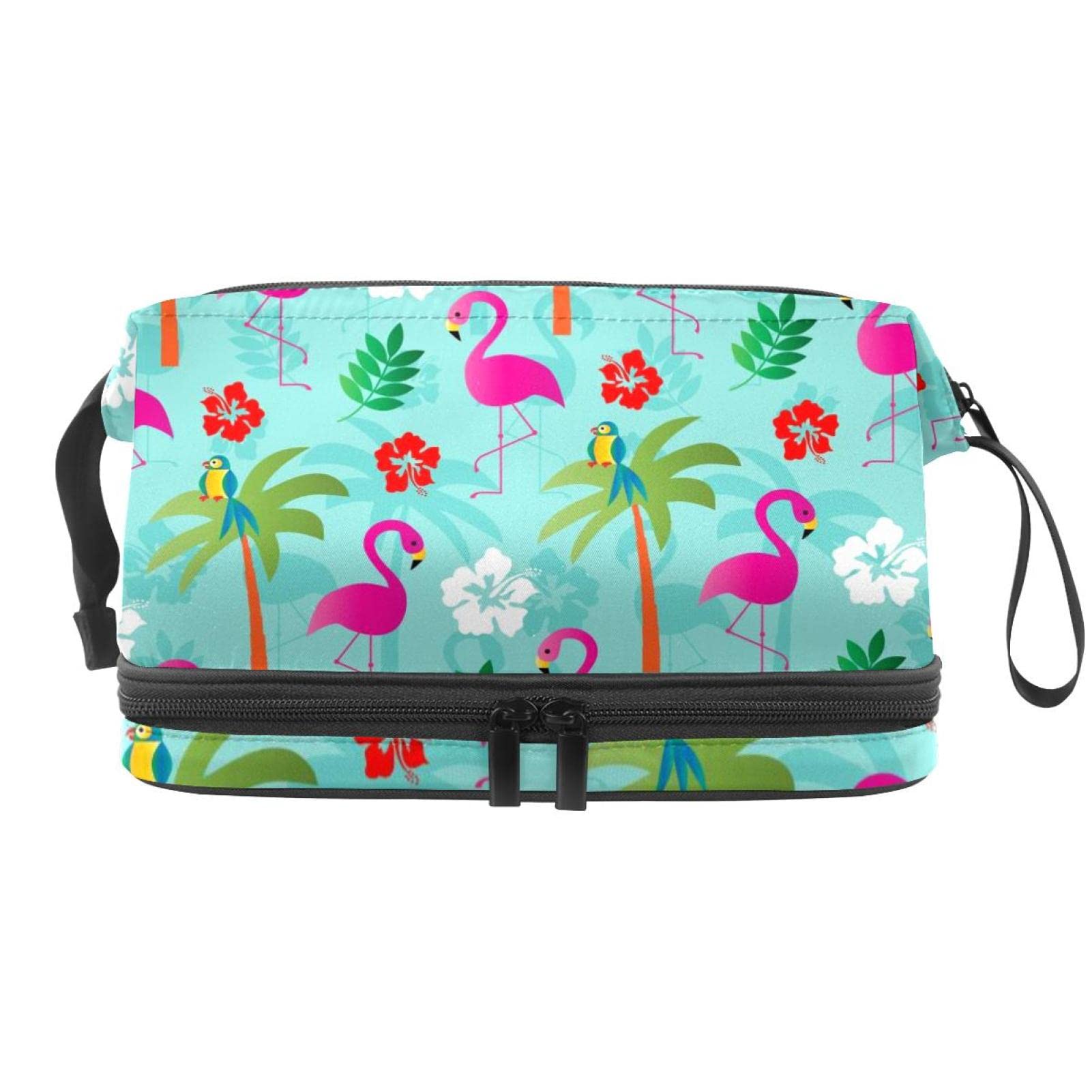 Flamingo and Palm Print Double Layer Makeup Bag for Women - Large Roomy Cosmetic Organizer with Zipper - Perfect for Travel, Gym, and Daily Toiletry Storage