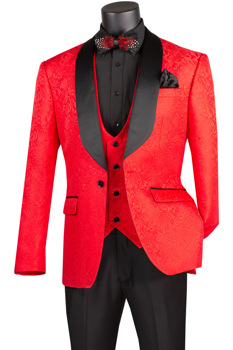Red Slim Fit 3-Piece Jacquard Fabric Tuxedo Suit with Single Button Vest & Solid Black Pants | Formal Wear for Weddings, Prom, and Special Occasions