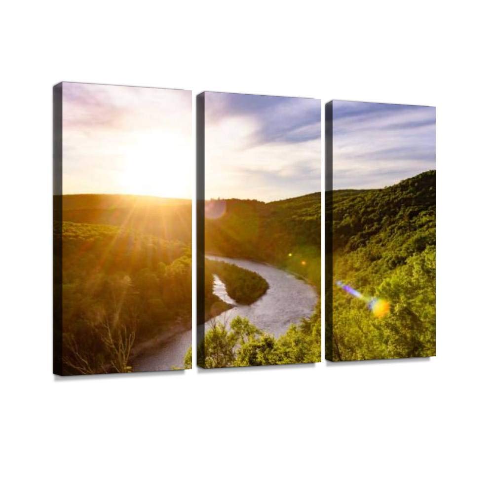 Delaware River Catskills Landscape Canvas Wall Art - 3 Panel New York Scenic Painting for Living Room & Bedroom Decor - Perfect for Home, Office & Airbnb Interior Design