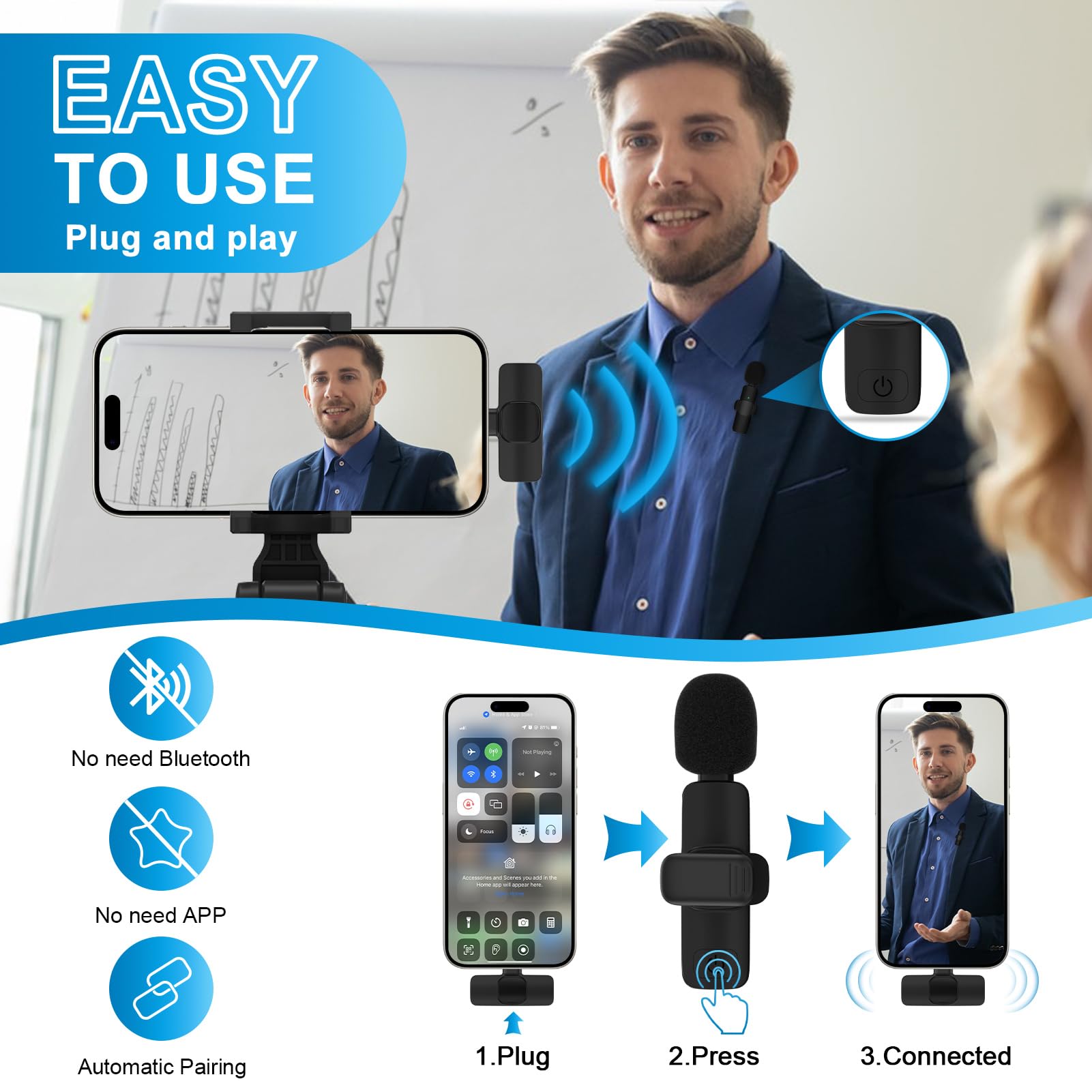 Wireless Lavalier Microphone with USB-C for iPhone 16 Pro Max/15, Samsung Galaxy S25/S24 Ultra/A16 - Noise Cancelling Lapel Mic for Video Recording, TikTok, YouTube, Vlogging & Live Streaming (Perfect for Interviews, Podcasts & Online Classes)