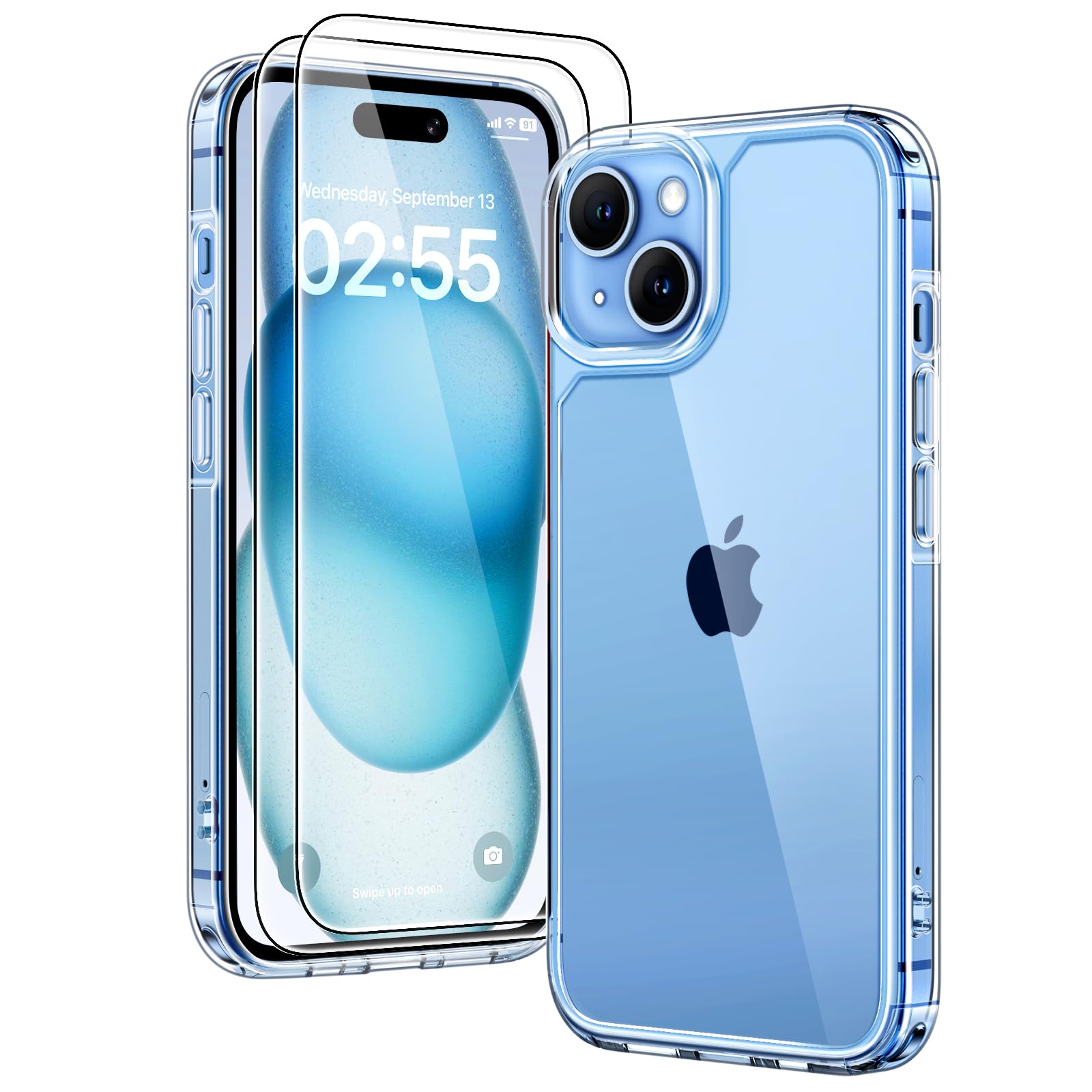 Tauri iPhone 15 Case [3-in-1] Clear Protective Cover with 2X Tempered Glass Screen Protectors | Military-Grade 15FT Drop Protection | Anti-Yellowing Slim Shockproof Case for iPhone 15 | Perfect for Outdoor Activities, Travel & Daily Protection