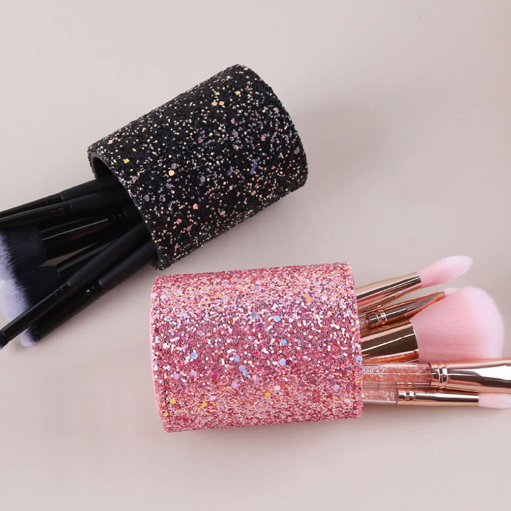FRCOLOR Glitter Makeup Brush Holder Organizer - PU Sequin Pen & Pencil Cup, Cosmetic Storage Box for Dresser, Vanity & Office Desk (Black) | Perfect for Makeup Brushes, Pens, Cosmetics & Desk Organization