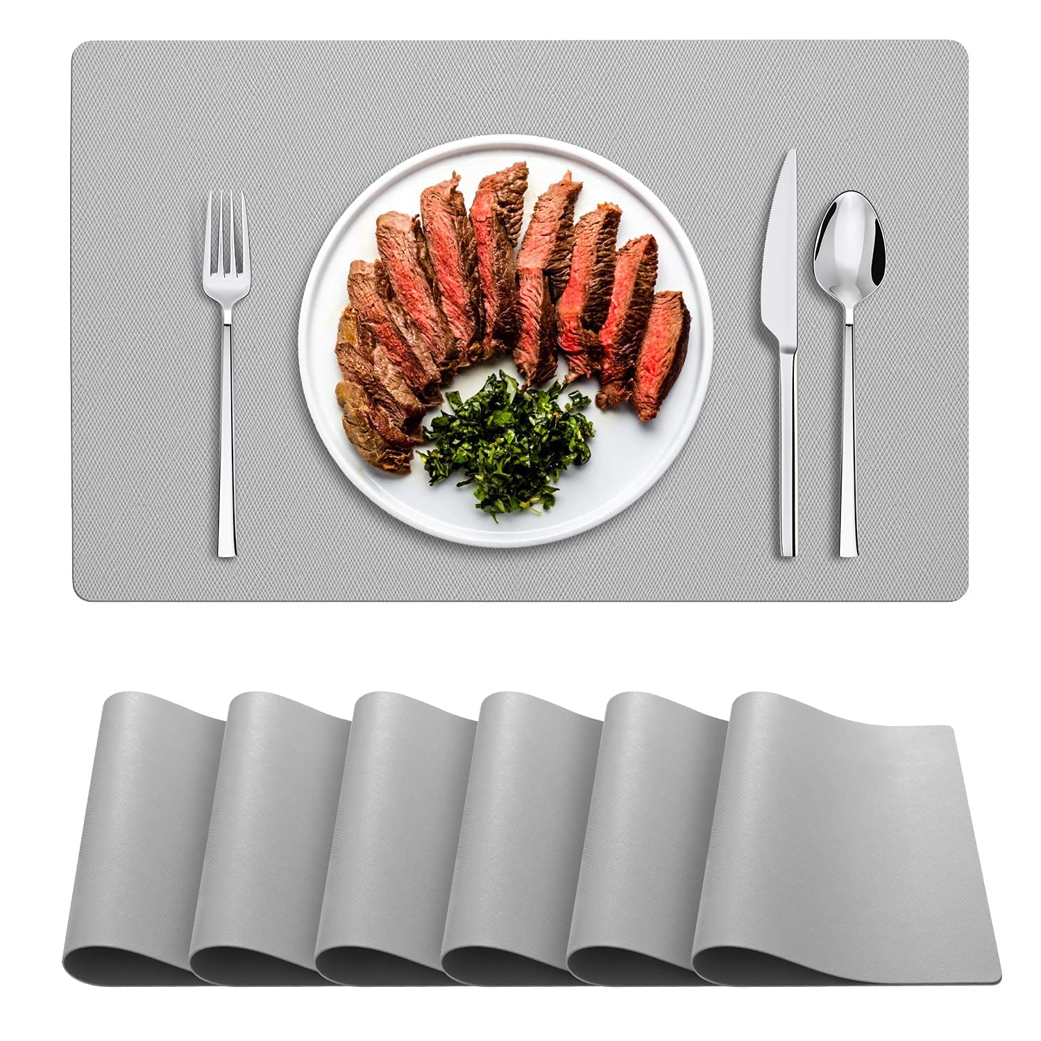 Premium Faux Leather Placemats Set of 6 - Waterproof & Easy Clean Gray Table Mats for Dining, Kitchen, Office - Washable Wipeable Placemats for Indoor & Outdoor Use (Gray)