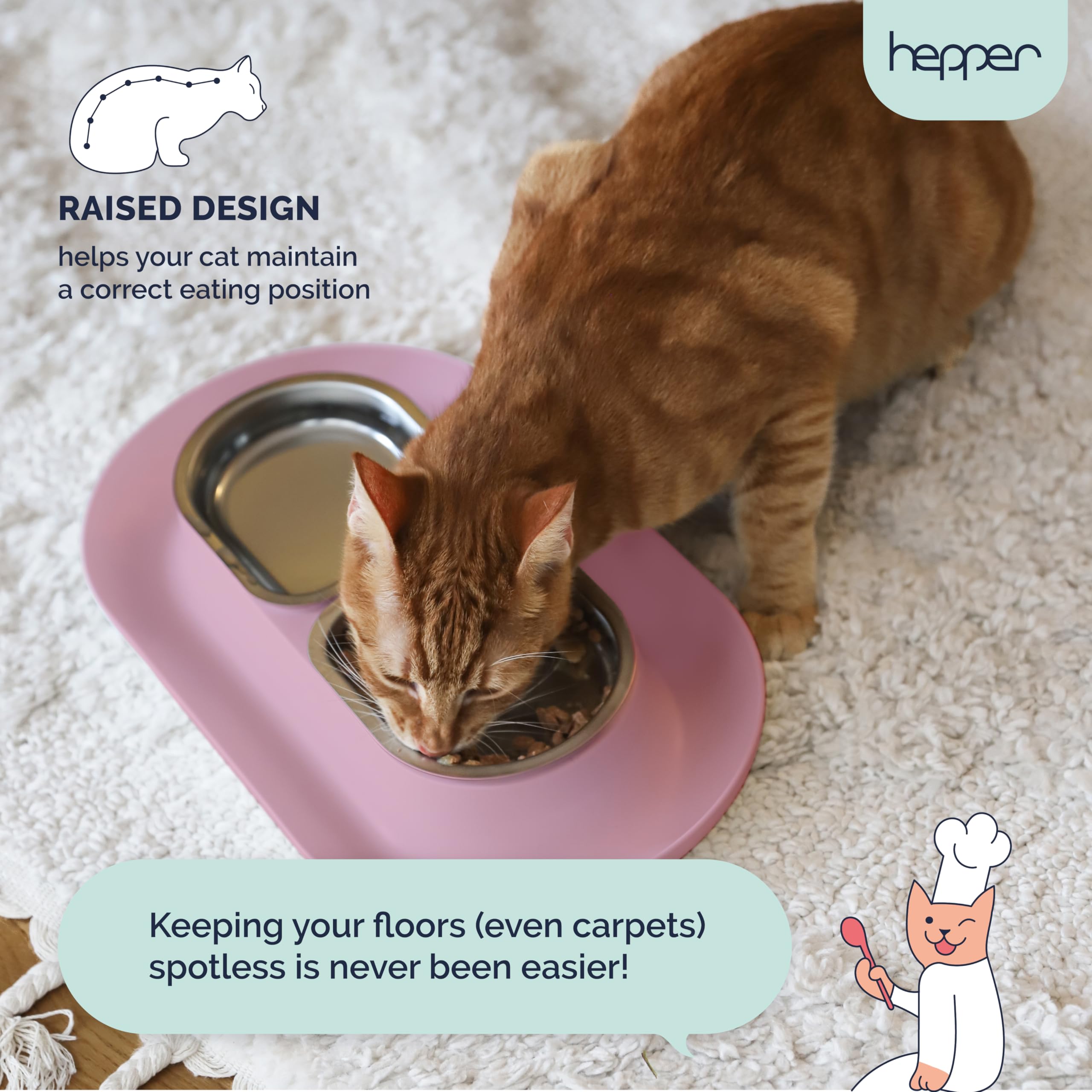 Hepper NomNom Spill Proof Elevated Cat Bowls - Stainless Steel Raised Cat Food & Water Dish with Whisker Relief - Non-Slip Pet Bowl for Messy Eaters - Perfect for Kittens, Adult & Senior Cats - Pink (Ideal for Home, Kitchen or Travel Use)