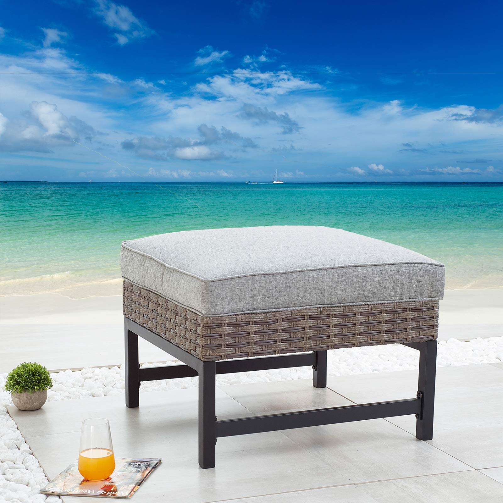 Festival Depot All-Weather Square Wicker Patio Ottoman with Cushion - Outdoor Metal Frame Footstool for Garden, Yard & Lawn - Perfect for Relaxing by the Pool or Entertaining on the Deck