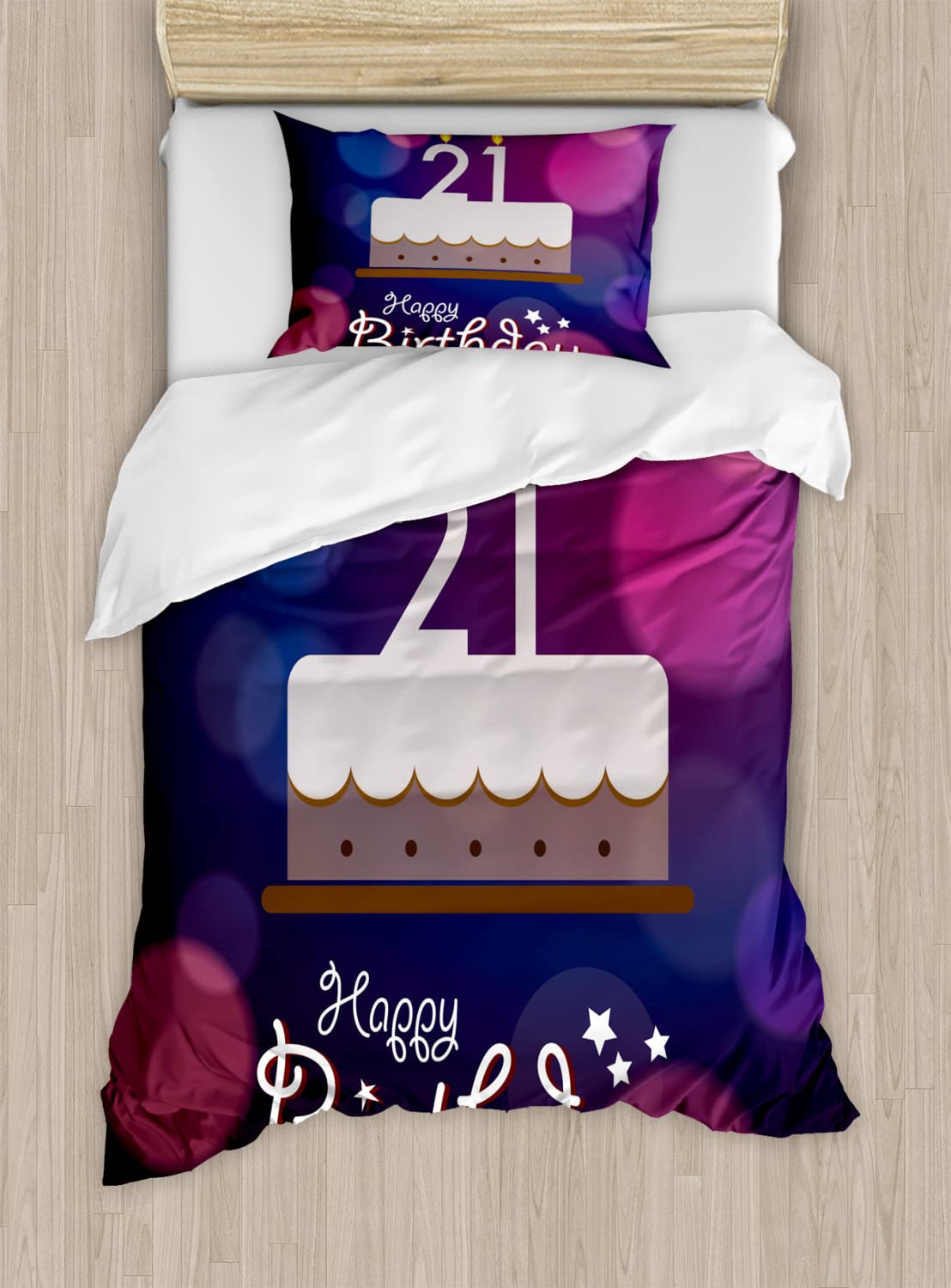 Ambesonne 21st Birthday Duvet Cover Set - Queen Size 2-Pack with 2 Duvet Covers & 4 Pillowcases - Happy Birthday Stars Design in Abstract Pink & Eggplant Purple - Perfect for Birthday Gifts, College Dorm Decor, and Bedroom Makeovers