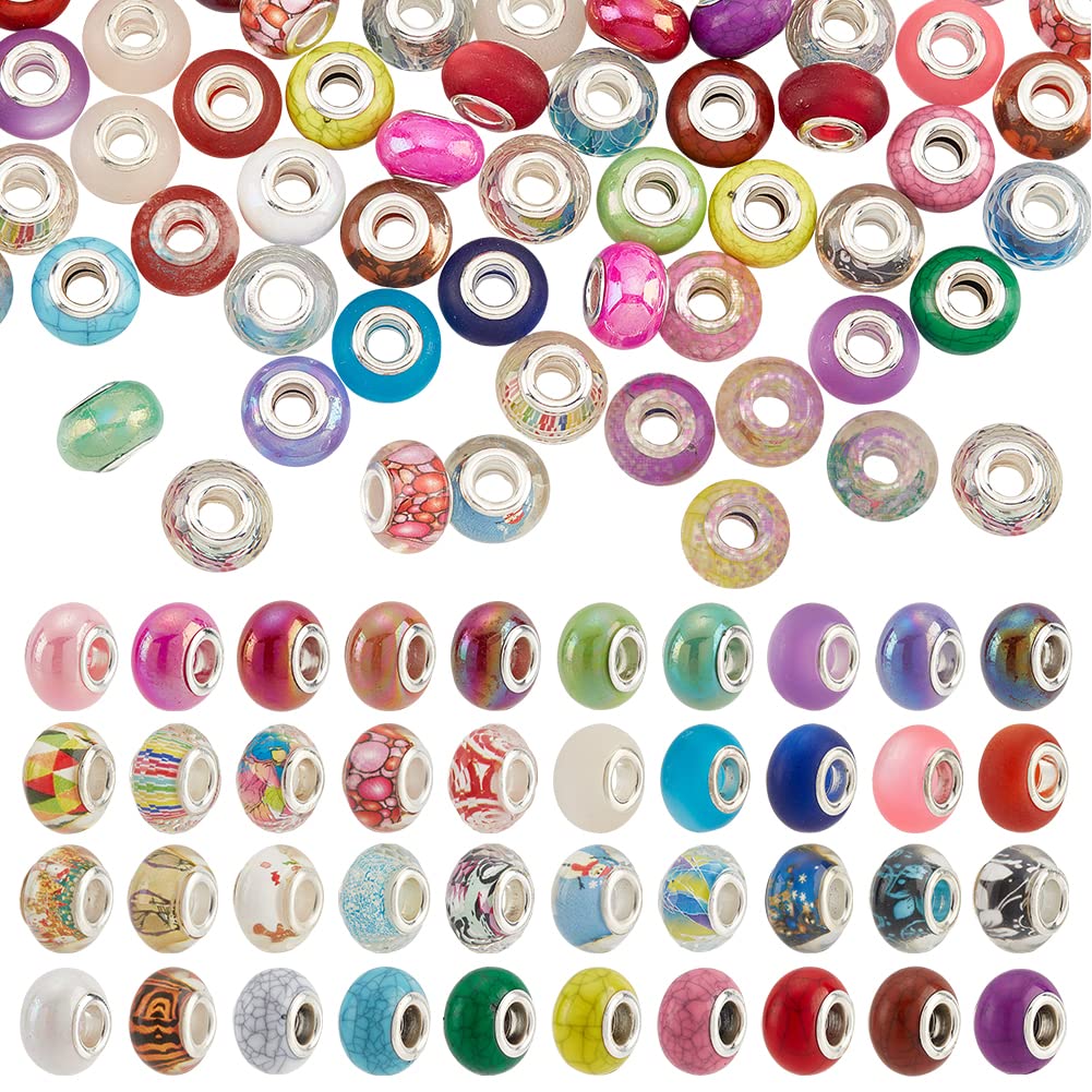 100 Pcs European Beads - 5 Styles 5mm Large Hole Crackle Resin Rondelle Beads, Acrylic Imitation Turquoise & Cat Eye Beads for Jewelry Making - Perfect for Bracelets, Necklaces, DIY Crafts and Bohemian Style Accessories