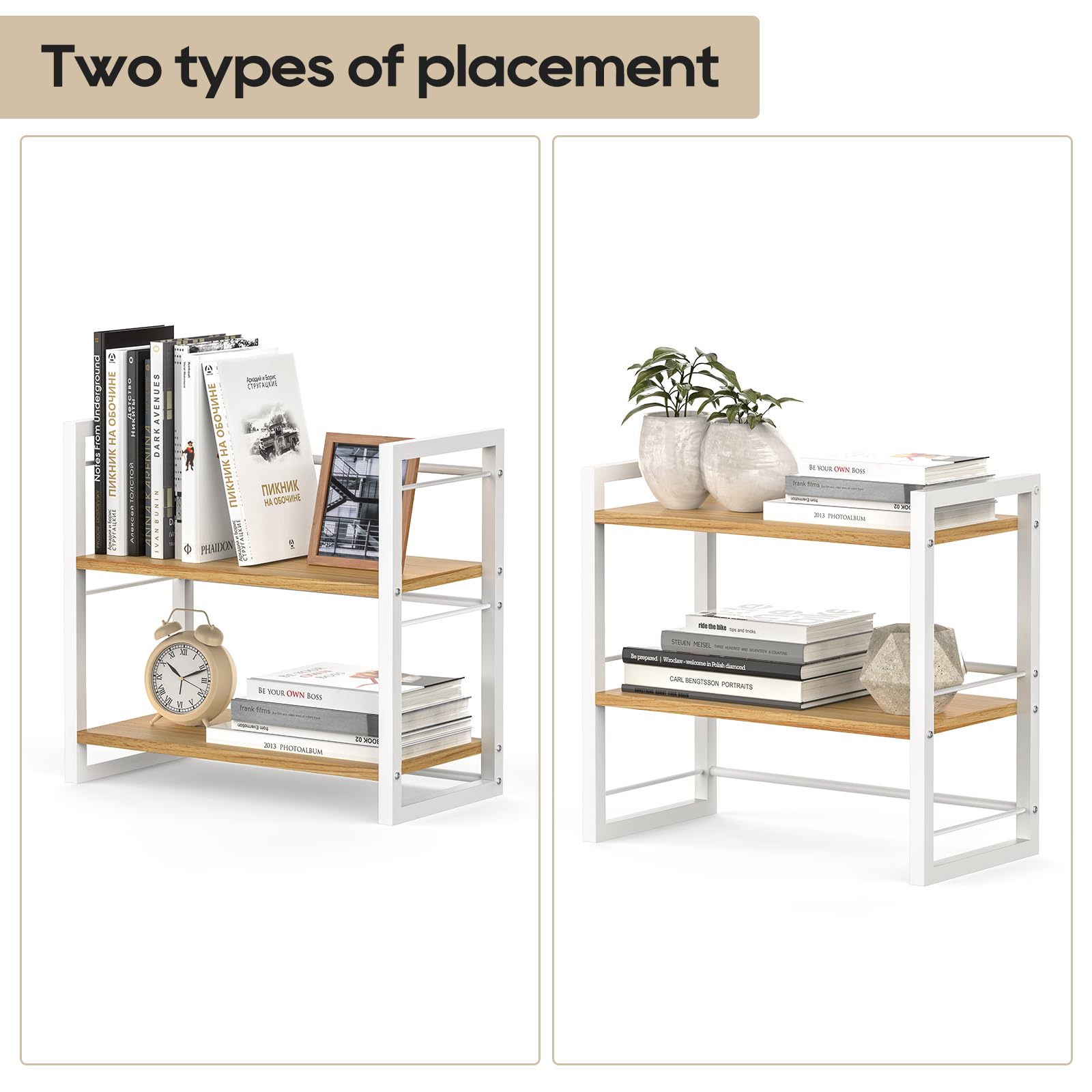 Wooden Office Desk Shelf Organizer - 2 Tier White Desktop Bookshelf & Storage Rack for Desk, Dresser - Perfect for Home Office, Study Room & Workspace Organization