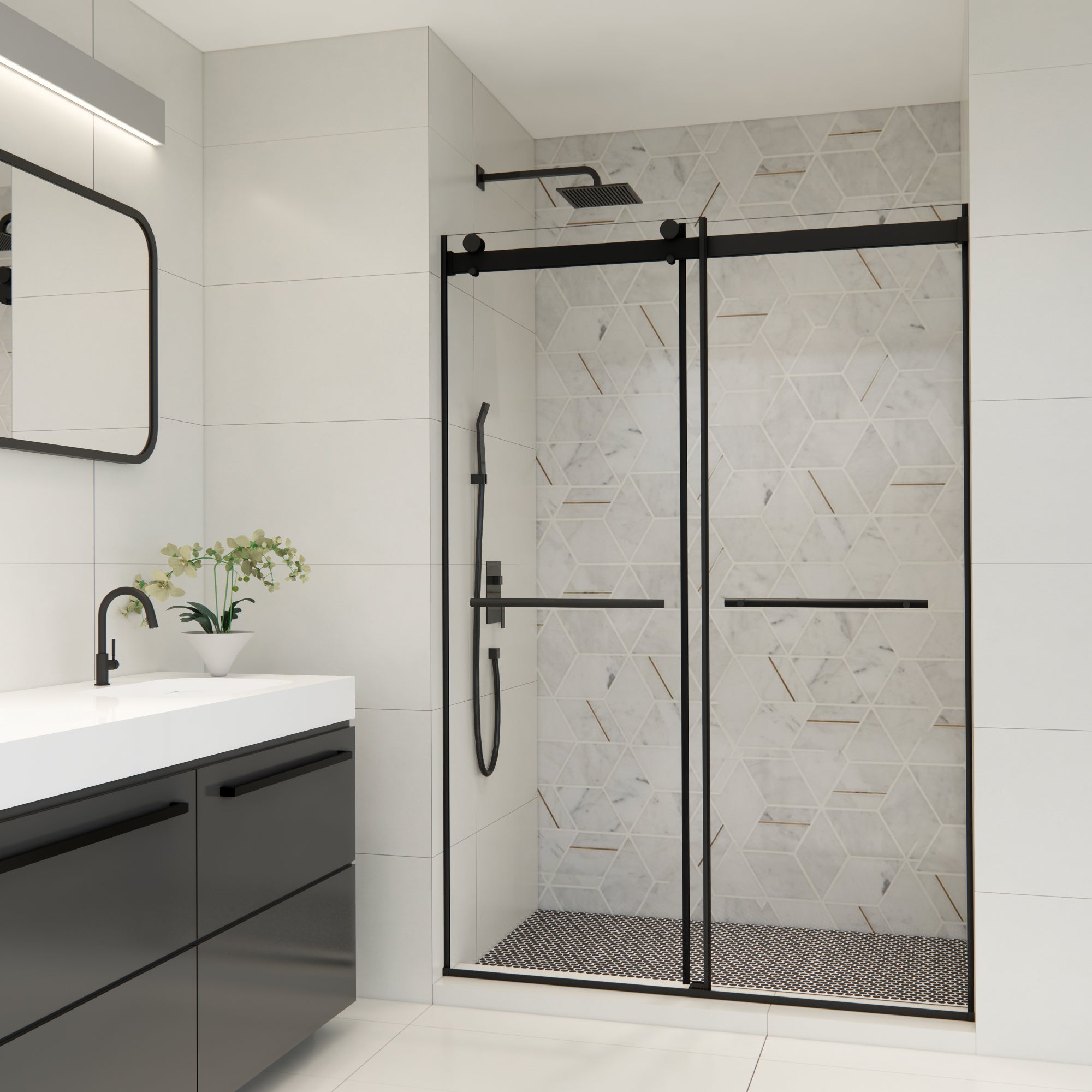 Belizzi Frameless Matte Black Roller Shower Door with Clear Glass - Modern Bathroom Upgrade for Walk-In Showers & Spa-Like Experience