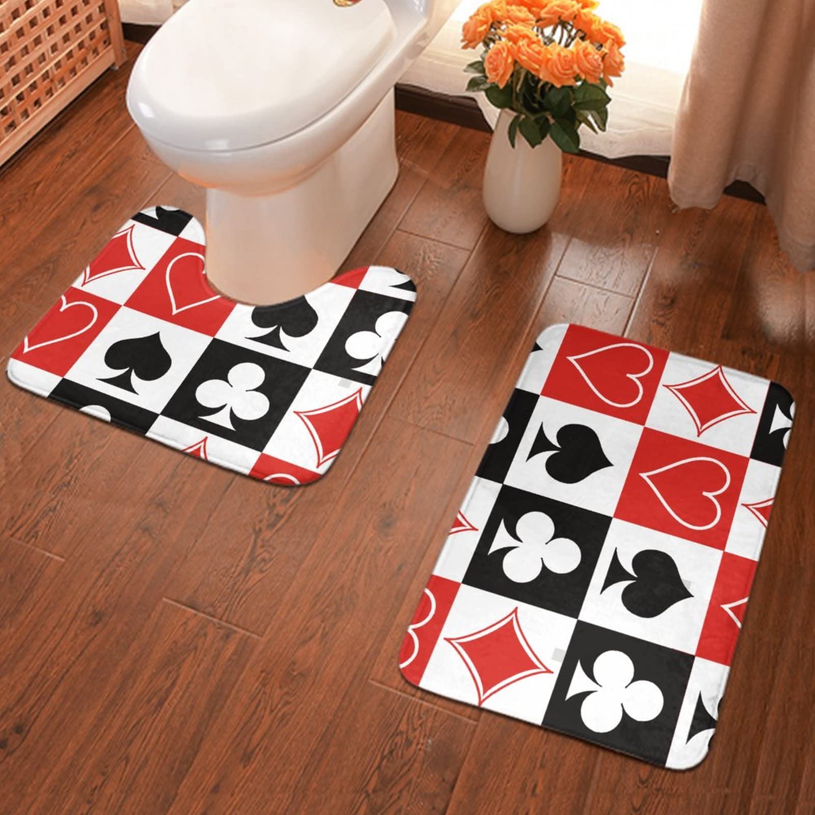 Premium 2-Piece Bathroom Rug Set - Non-Slip Absorbent Bath Mat & U-Shaped Toilet Rug with Playing Cards Design for Shower, Tub & Bathroom Floor - Soft Microfiber for Safety & Comfort