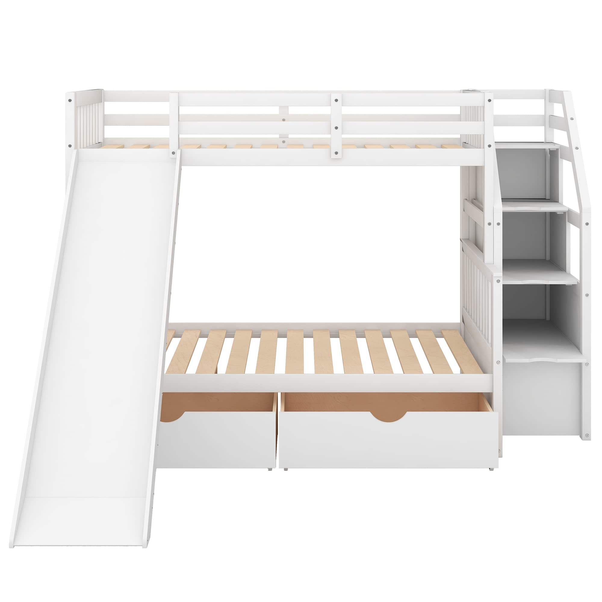 Twin Over Full Bunk Bed with Stairs & Slide - Solid Wood Kids Bunk Bed Frame with Storage Drawers for Boys & Girls (White) | Space-Saving Bedroom Solution for Siblings & Sleepovers