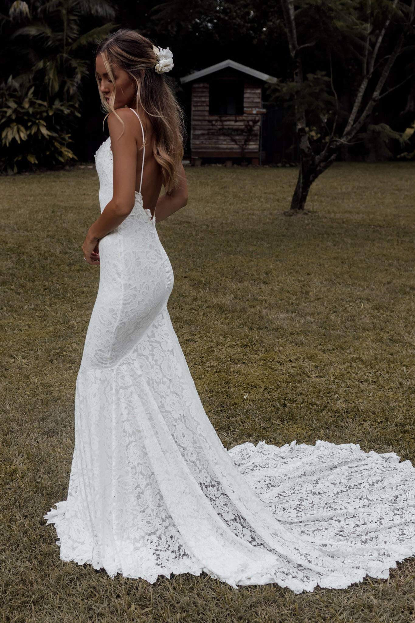 BOLENSYE Women's Bohemian Lace Wedding Dress for Bride - Backless High Slit Beach Wedding Gown | Perfect for Beach, Destination & Boho Chic Weddings