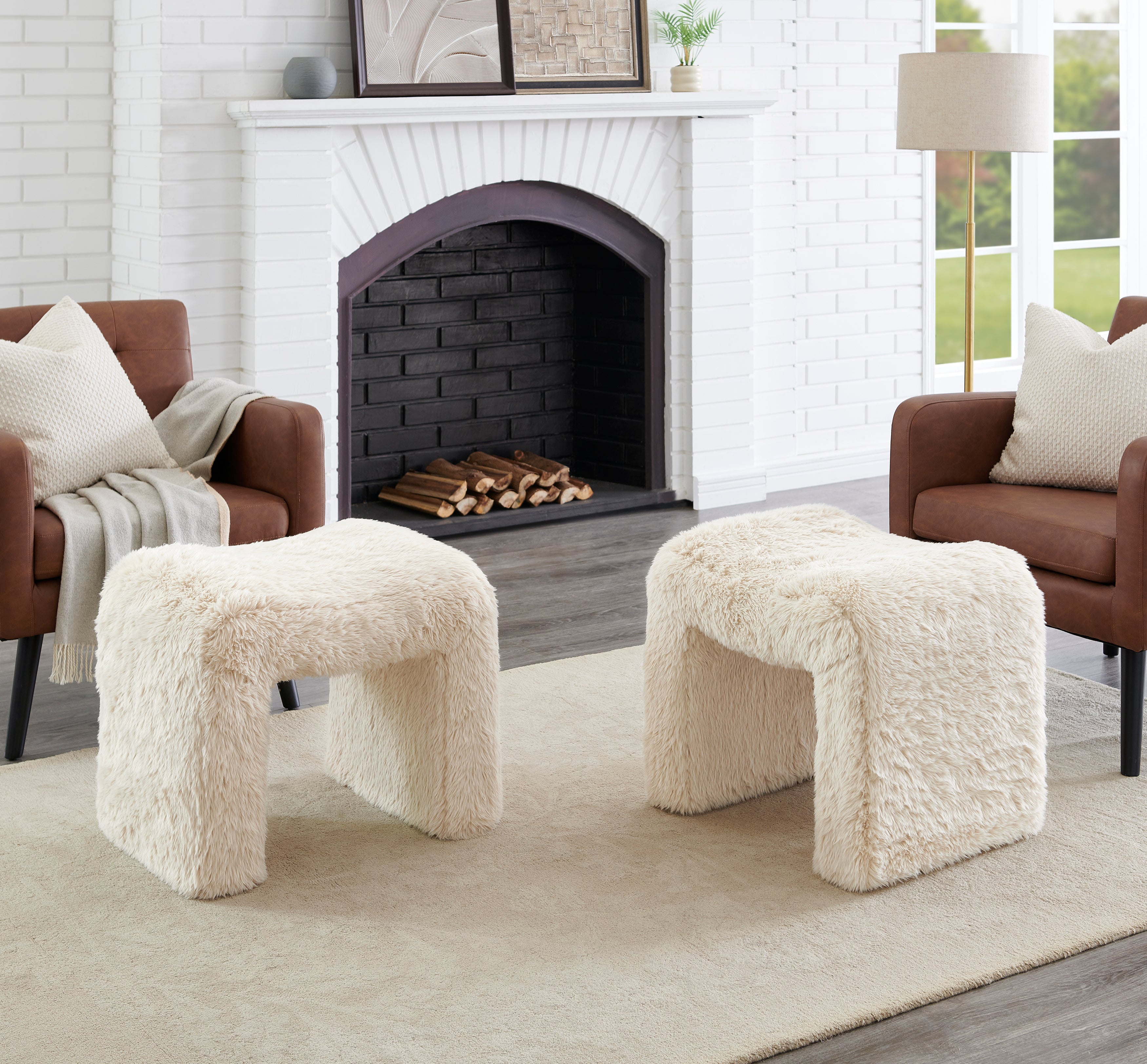 Roundhill Furniture Zorya Contemporary Faux Fur U-Shaped Ottoman Set of 2 - Modern Living Room Accent, Bedroom Footrest, Cozy Home Decor for Stylish Comfort