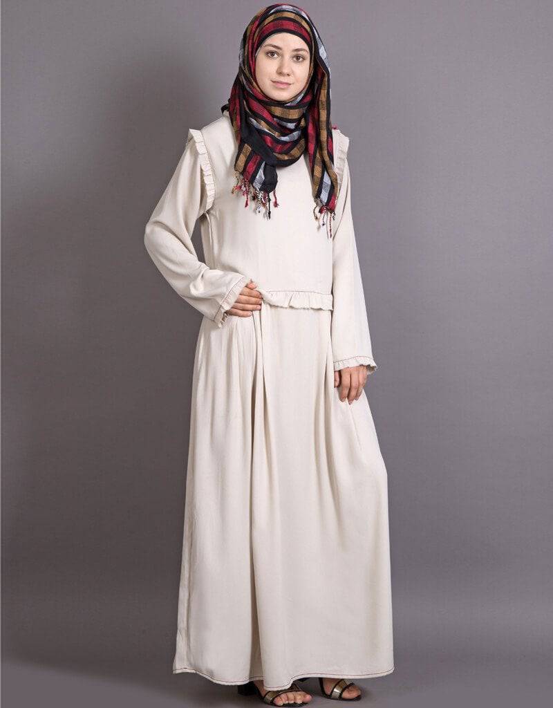 Elegant Arabic Raw Edge Pleated Waist Abaya Dress - Cream Color for Women | Perfect for Prayer, Modest Fashion & Special Occasions