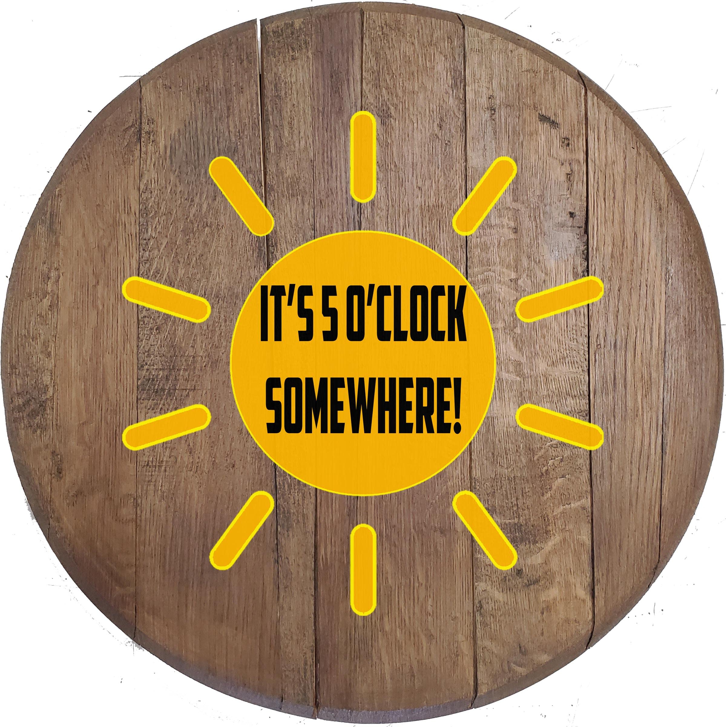 Large Oak Whiskey Barrel Lid Bar Sign - Rustic Wall Art for Man Cave Decor - 22 Inch Aged Barrel with '5 O'Clock Somewhere Sun' Design - Perfect for Home Bars, Basement Pubs & Outdoor Entertaining Areas