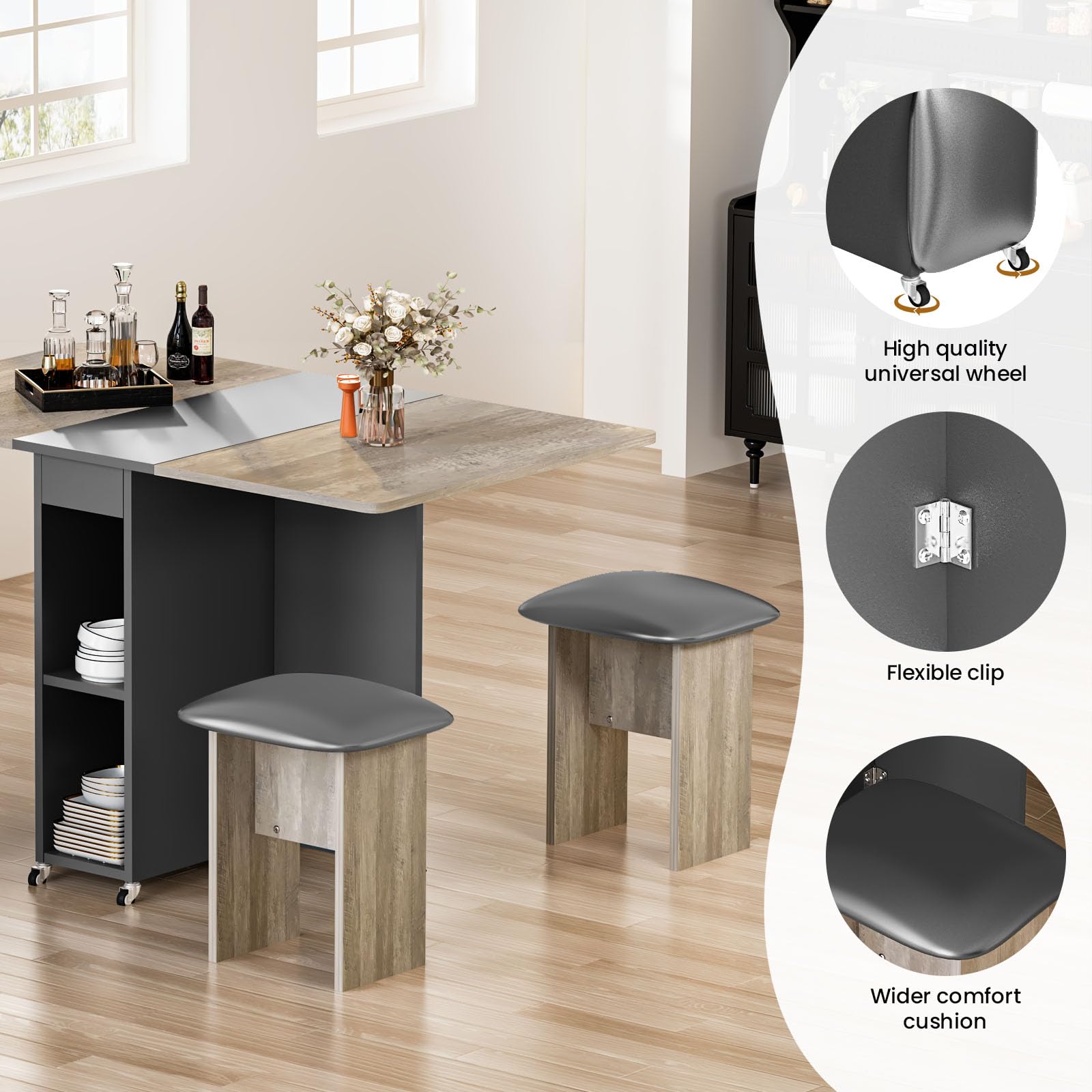 Space-Saving 4-Person Folding Dining Table Set with 4 Leather Chairs & Storage Shelves - Foldable Kitchen Table with 6 Wheels for Small Apartments (Grey) | Perfect for Compact Homes, Studio Apartments & Multi-Functional Spaces
