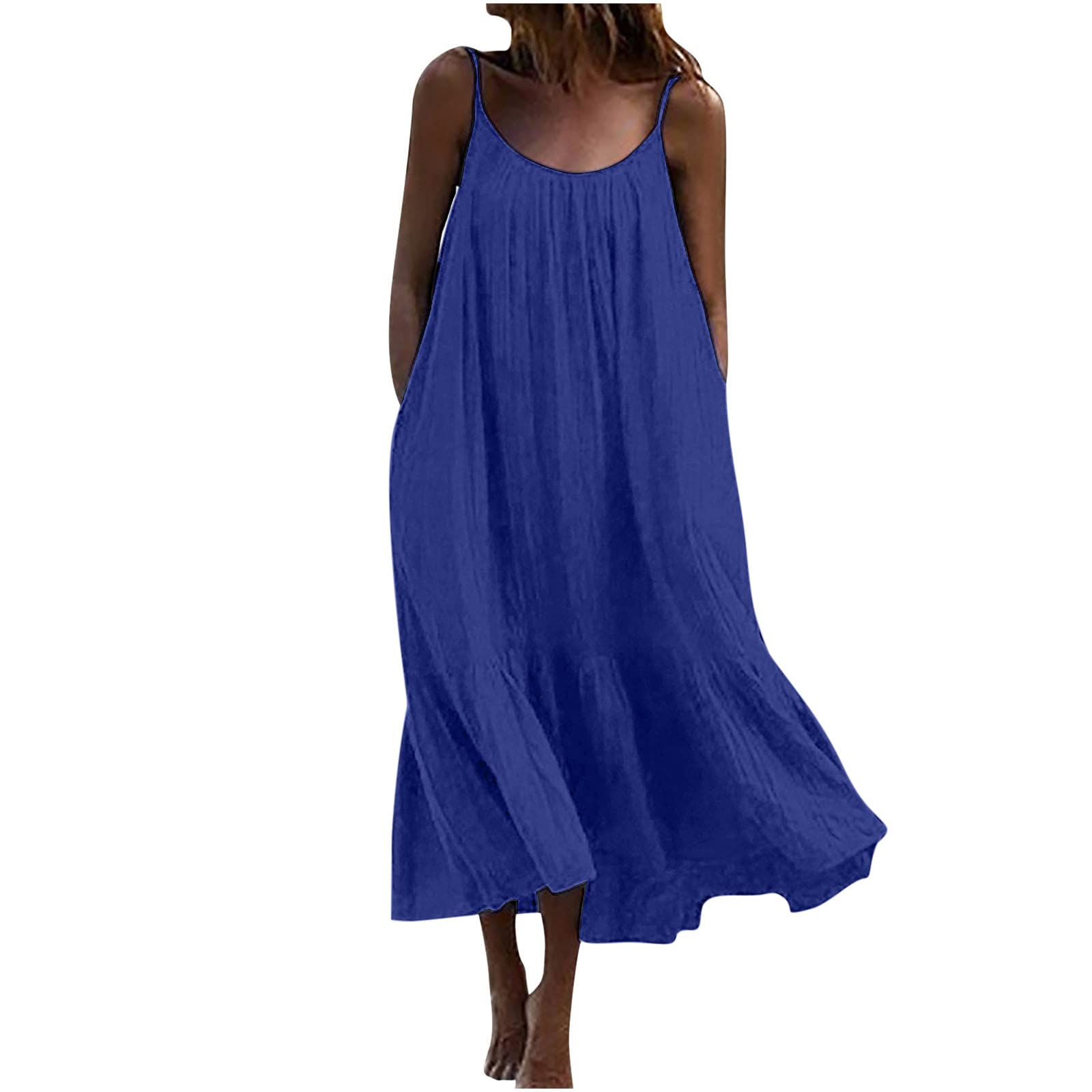 JOAU Women's Summer Sleeveless Spaghetti Strap Ruffle Midi Dress - Loose Swing Beach Sun Dress for Casual Outings, Vacations & Outdoor Events